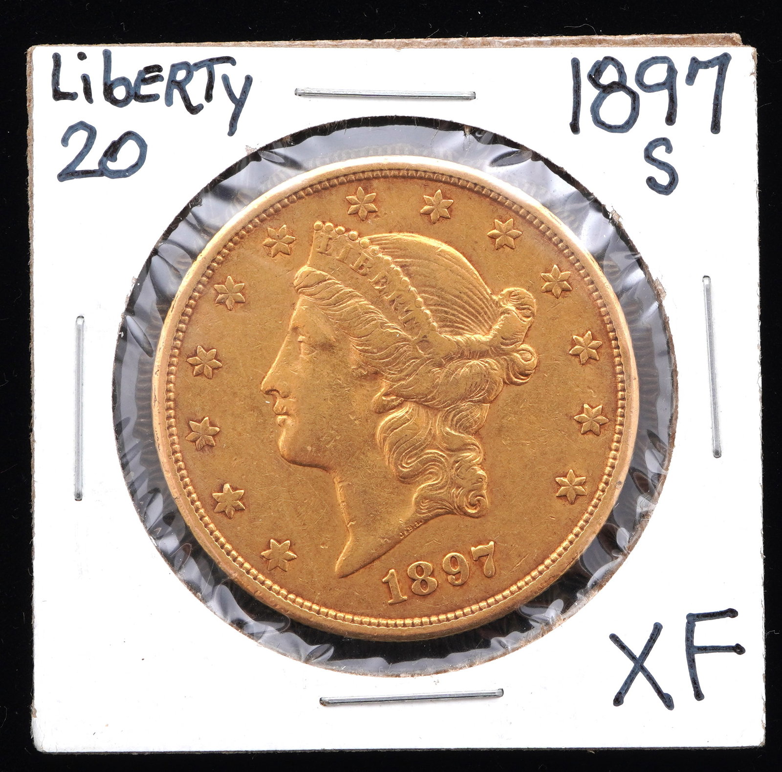 1897-S Liberty $20 Gold US Coin XF: 1897-S Liberty $20 Gold US coin, graded XF. Grade based on knowledgeable collectors grade written on sleeve, not guaranteed to be correct when professionally graded.