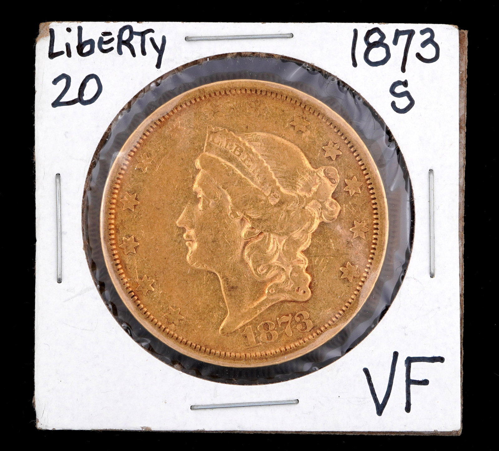 1873-S Liberty $20 Gold US Coin VF: 1873-S Liberty $20 Gold US coin, graded VF. Grade based on knowledgeable collectors grade written on sleeve, not guaranteed to be correct when professionally graded.