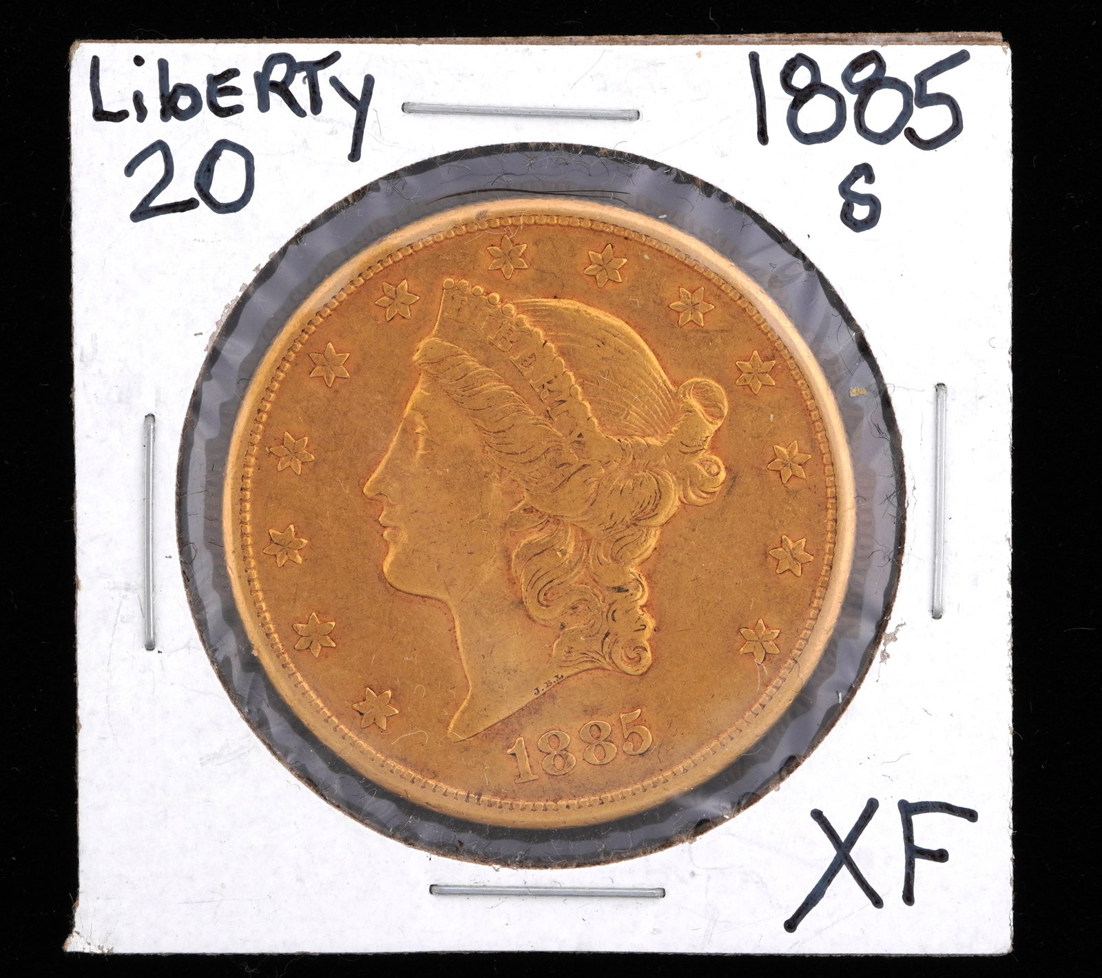 1885-S Liberty $20 Gold US Coin XF: 1885-S Liberty $20 Gold US coin, graded XF. Grade based on knowledgeable collectors grade written on sleeve, not guaranteed to be correct when professionally graded.