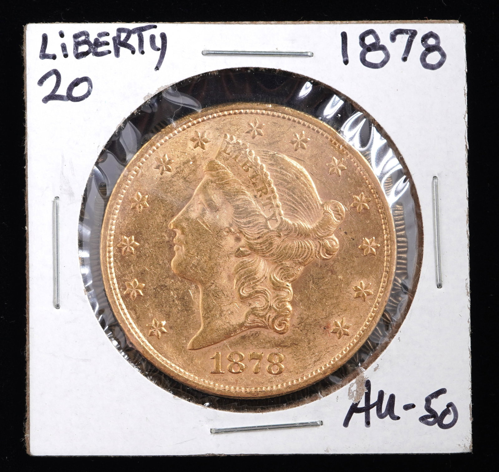1878 Liberty $20 Gold US Coin AU 50: 1878 Liberty $20 Gold US coin, graded AU50. Grade based on knowledgeable collectors grade written on sleeve, not guaranteed to be correct when professionally graded.