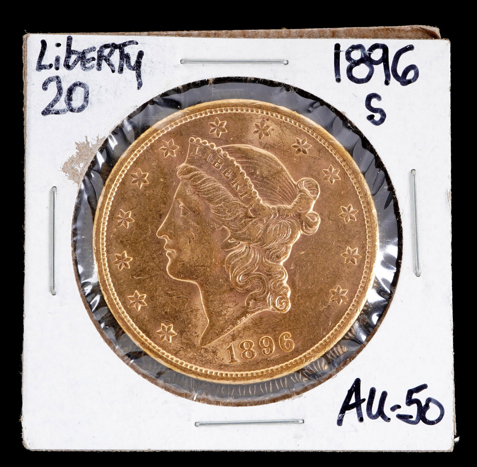 1896-S Liberty $20 Gold US Coin AU 50: 1896-S Liberty $20 Gold US coin, graded AU50. Grade based on knowledgeable collectors grade written on sleeve, not guaranteed to be correct when professionally graded.