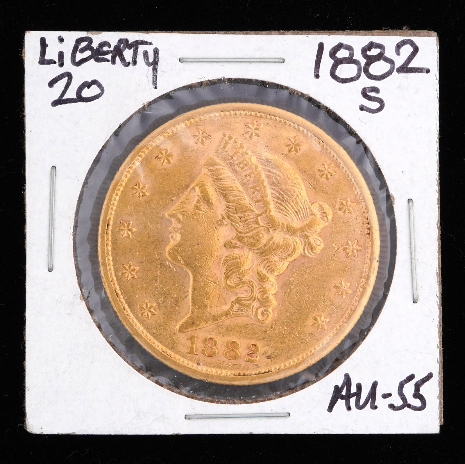 1882-S Liberty $20 Gold US Coin AU 55: 1882-S Liberty $20 Gold US coin, graded AU55. Grade based on knowledgeable collectors grade written on sleeve, not guaranteed to be correct when professionally graded.