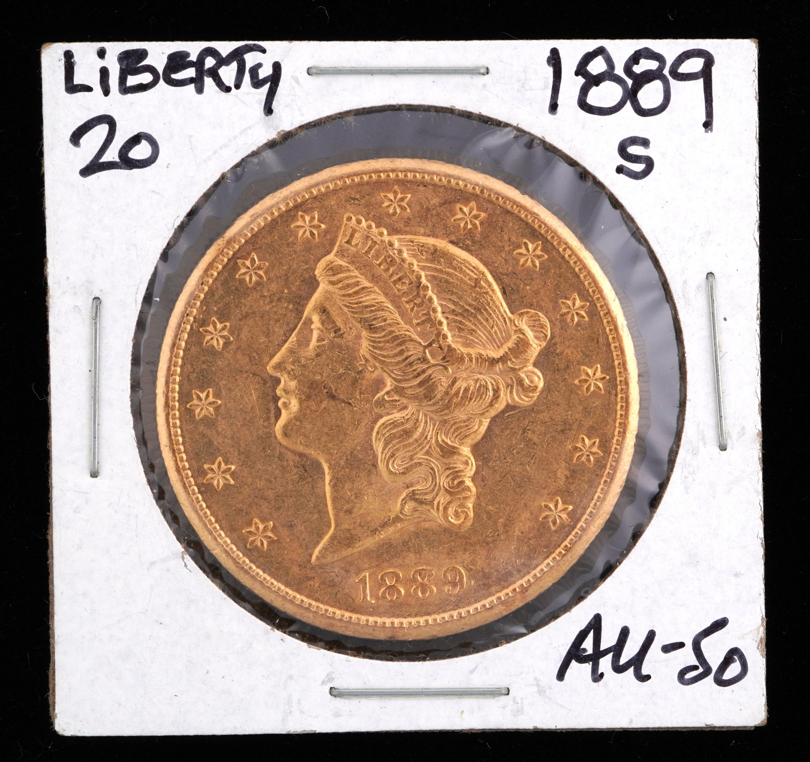 1889-S Liberty $20 Gold US Coin AU 50: 1889-S Liberty $20 Gold US coin, graded AU50. Grade based on knowledgeable collectors grade written on sleeve, not guaranteed to be correct when professionally graded.