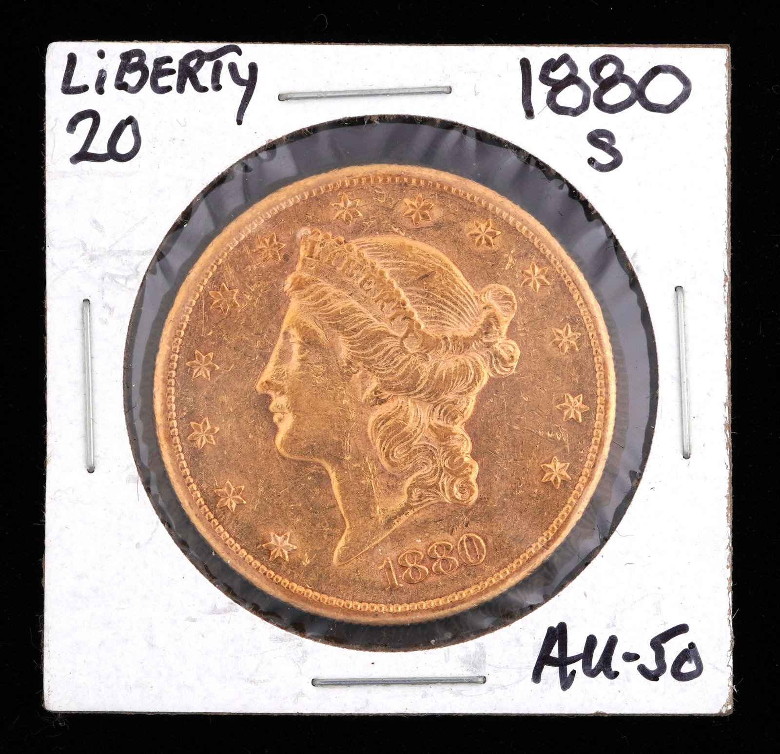 1880-S Liberty $20 Gold US Coin AU 50: 1880-S Liberty $20 Gold US coin, graded AU50. Grade based on knowledgeable collectors grade written on sleeve, not guaranteed to be correct when professionally graded.