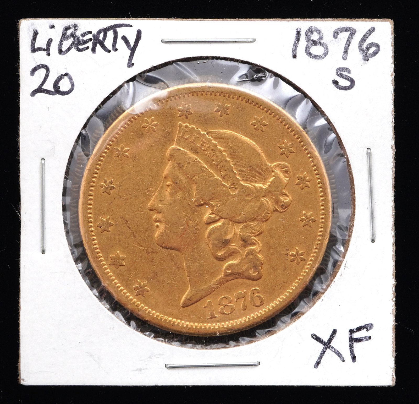 1876-S Liberty $20 Gold US Coin XF: 1876-S Liberty $20 Gold US coin, graded XF. Grade based on knowledgeable collectors grade written on sleeve, not guaranteed to be correct when professionally graded.