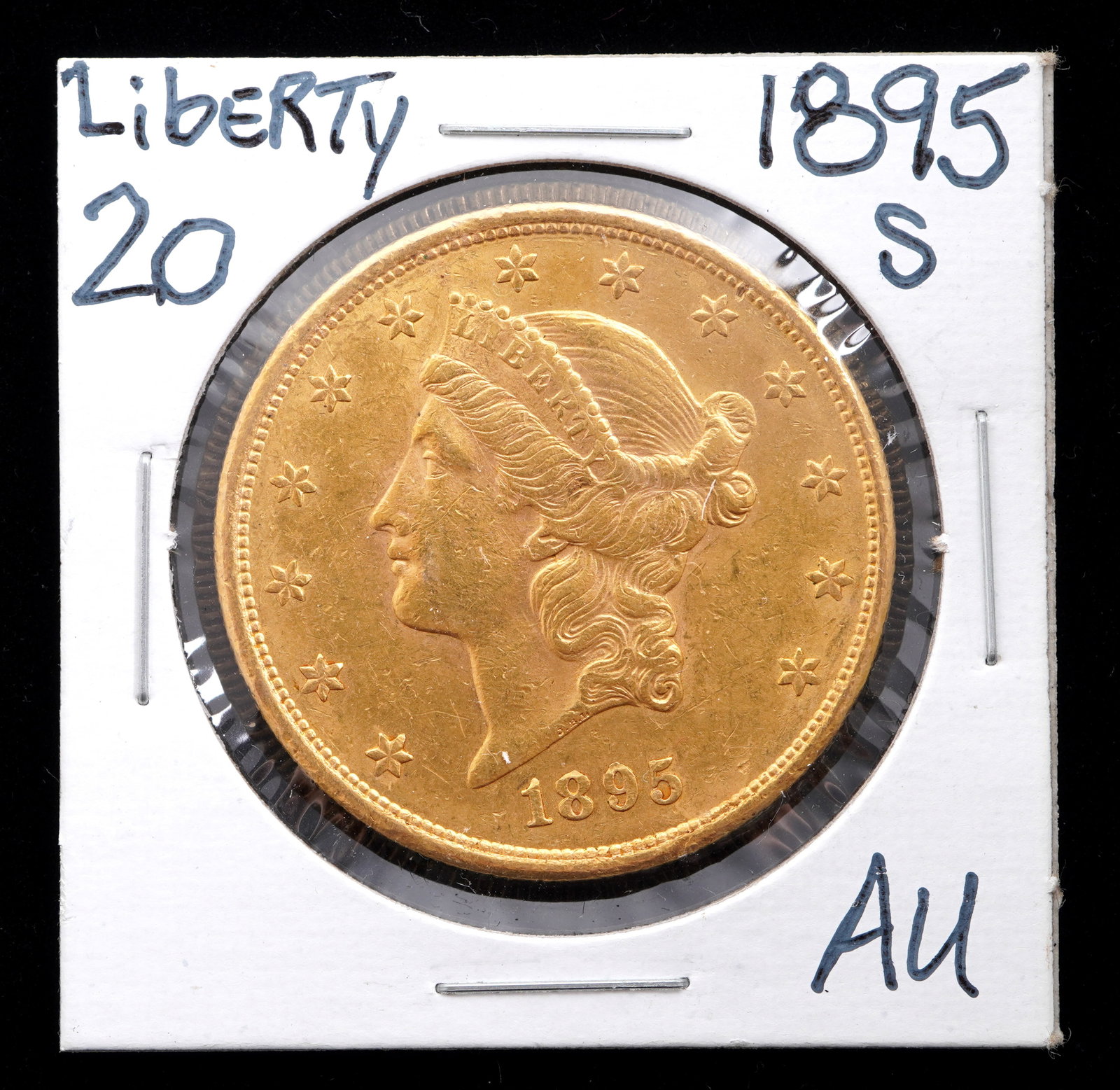 1895-S Liberty $20 Gold US Coin AU: 1895-S Liberty $20 Gold US coin, graded AU. Grade based on knowledgeable collectors grade written on sleeve, not guaranteed to be correct when professionally graded.
