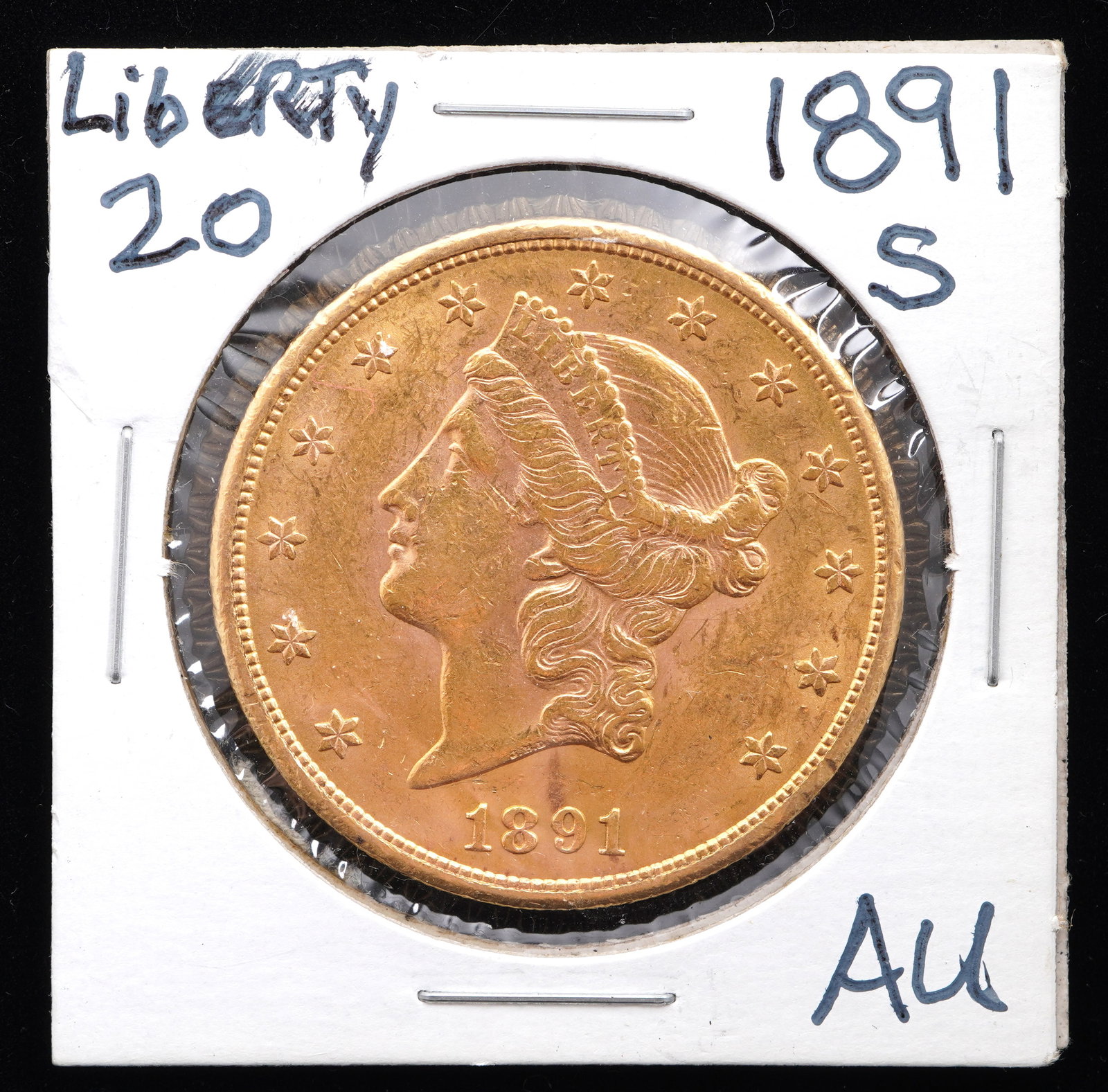 1891-S Liberty $20 Gold US Coin AU: 1891-S Liberty $20 Gold US coin, graded AU. Grade based on knowledgeable collectors grade written on sleeve, not guaranteed to be correct when professionally graded.