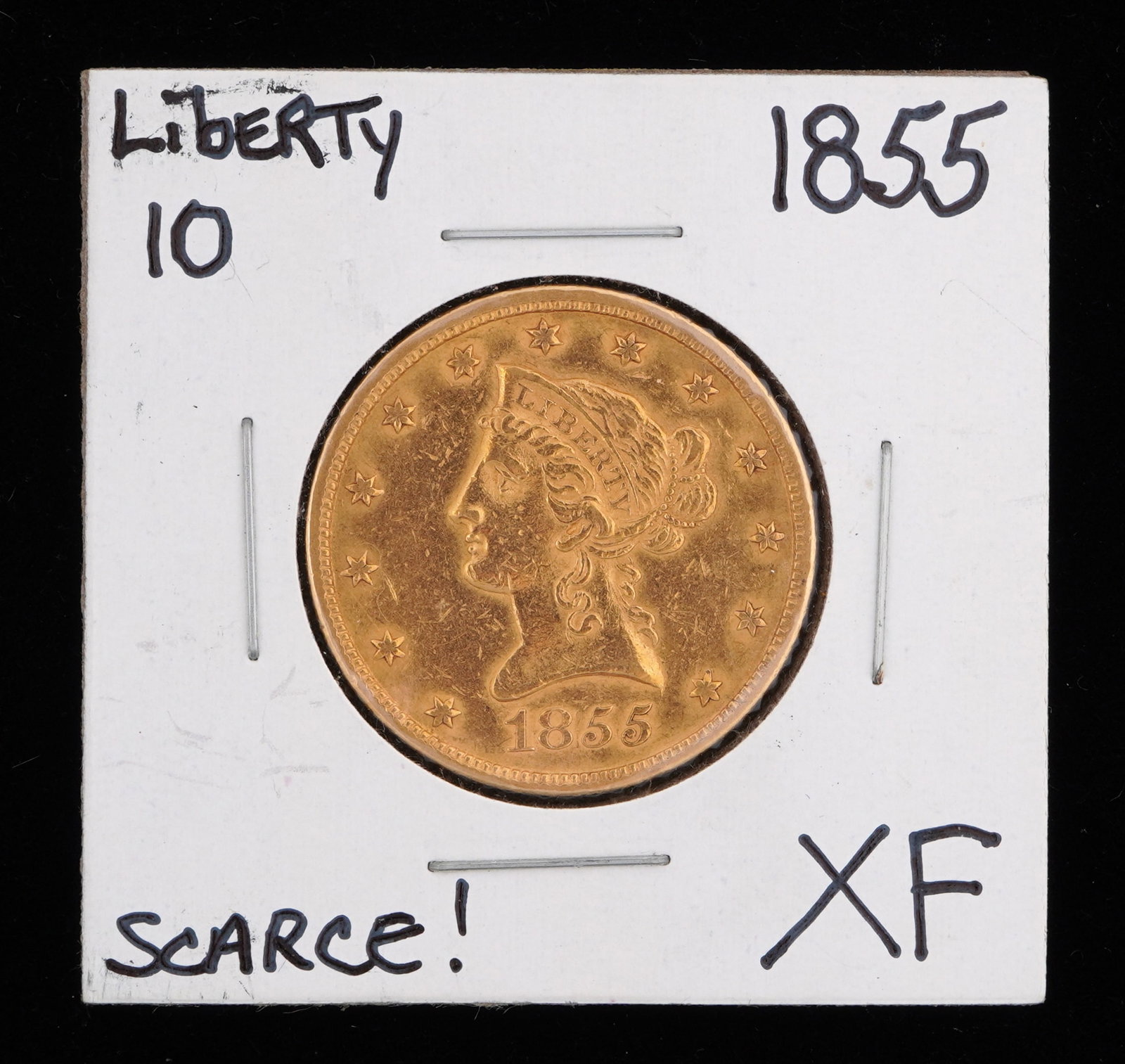 1855 Liberty $10 Gold US Coin XF: 1855 Liberty $10 Gold US coin, graded XF. Grade based on knowledgeable collectors grade written on sleeve, not guaranteed to be correct when professionally graded.