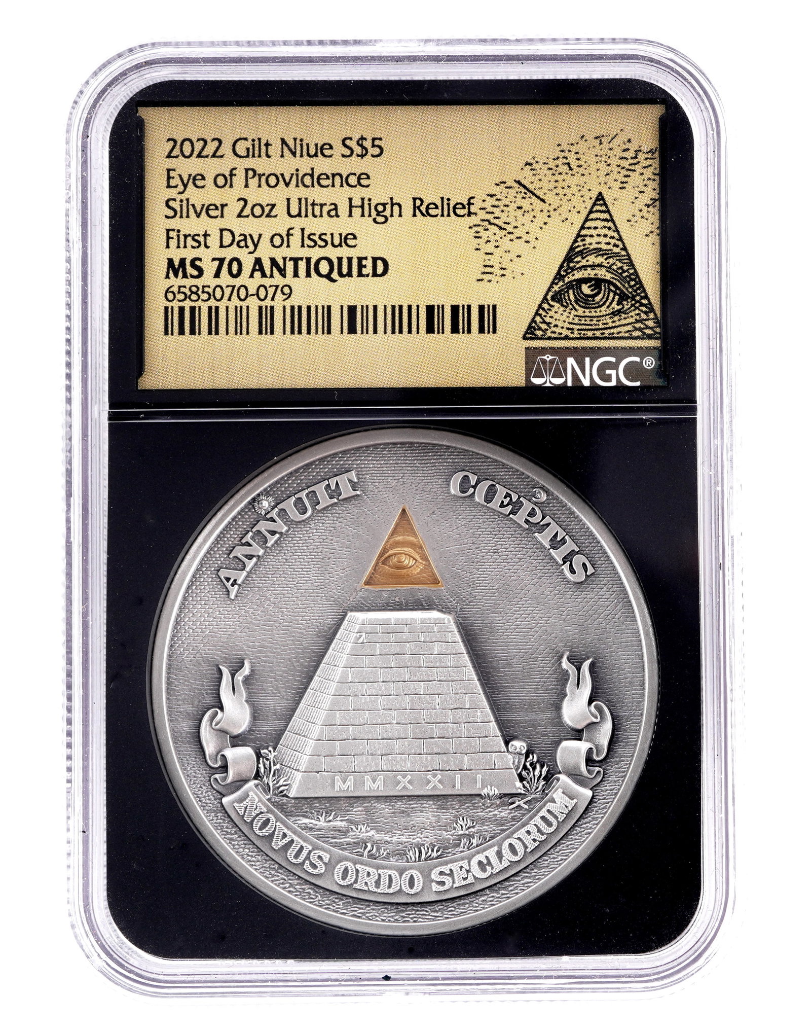 2022 Gilt Niue S 5$ Eye of Providence Silver MS 70: 2022 Gilt Niue S $5 Eye of Providence coin, silver , 2oz, ultra high relief. First day of issue, NGC slabbed and graded MS 70 Antiqued.