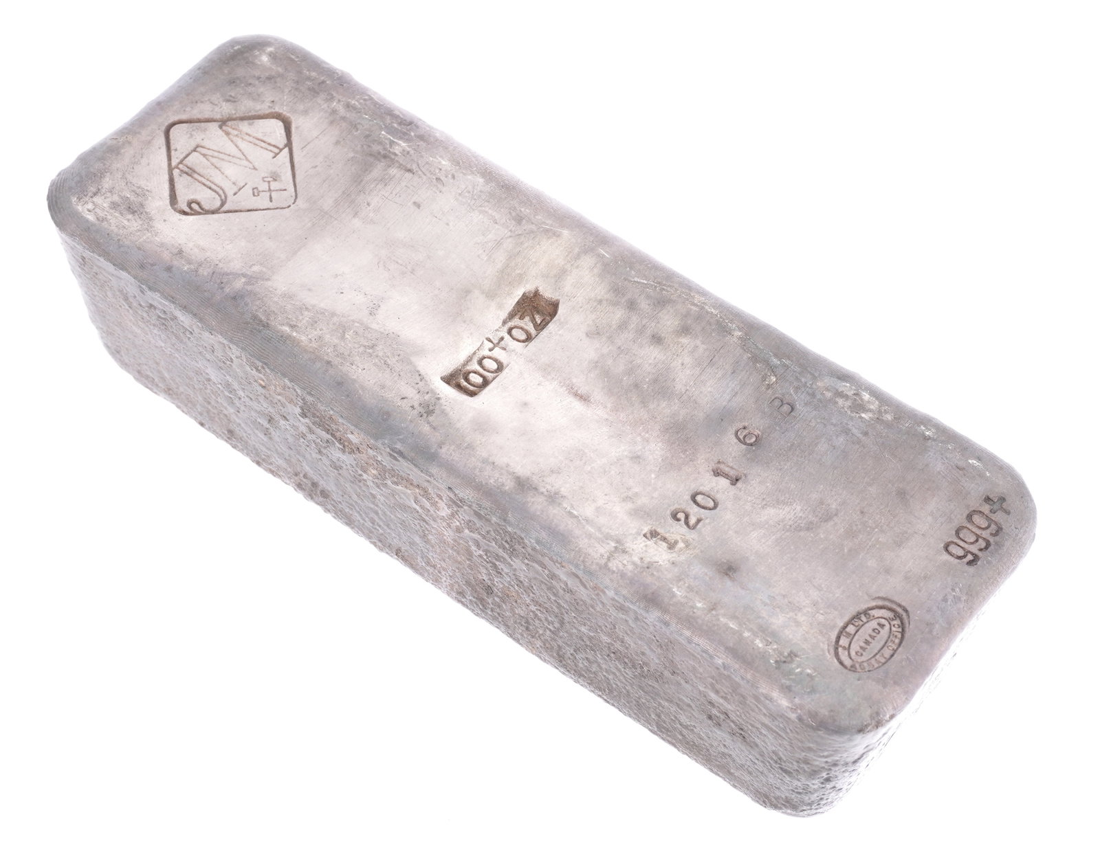 100oz Johnson Matthey Canadian Silver Bar: 100oz Johnson Matthey Canadian poured silver bar, well marked. Early JM mark