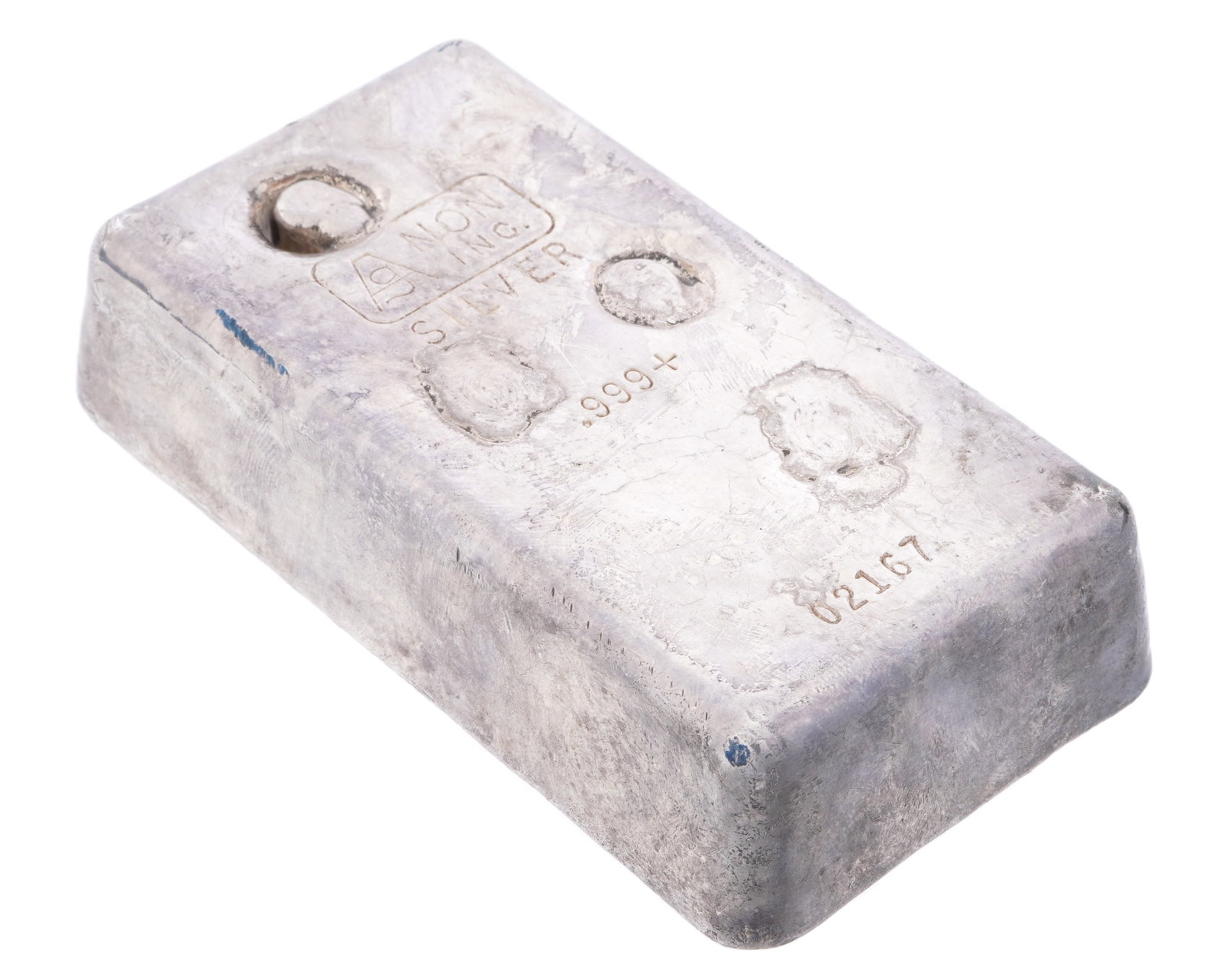 Agnon 52.70 Troy Oz .999 Poured Silver Bar.: Well marked, .999 silver bullion ingot, 4.25" x 2.25" x 1".