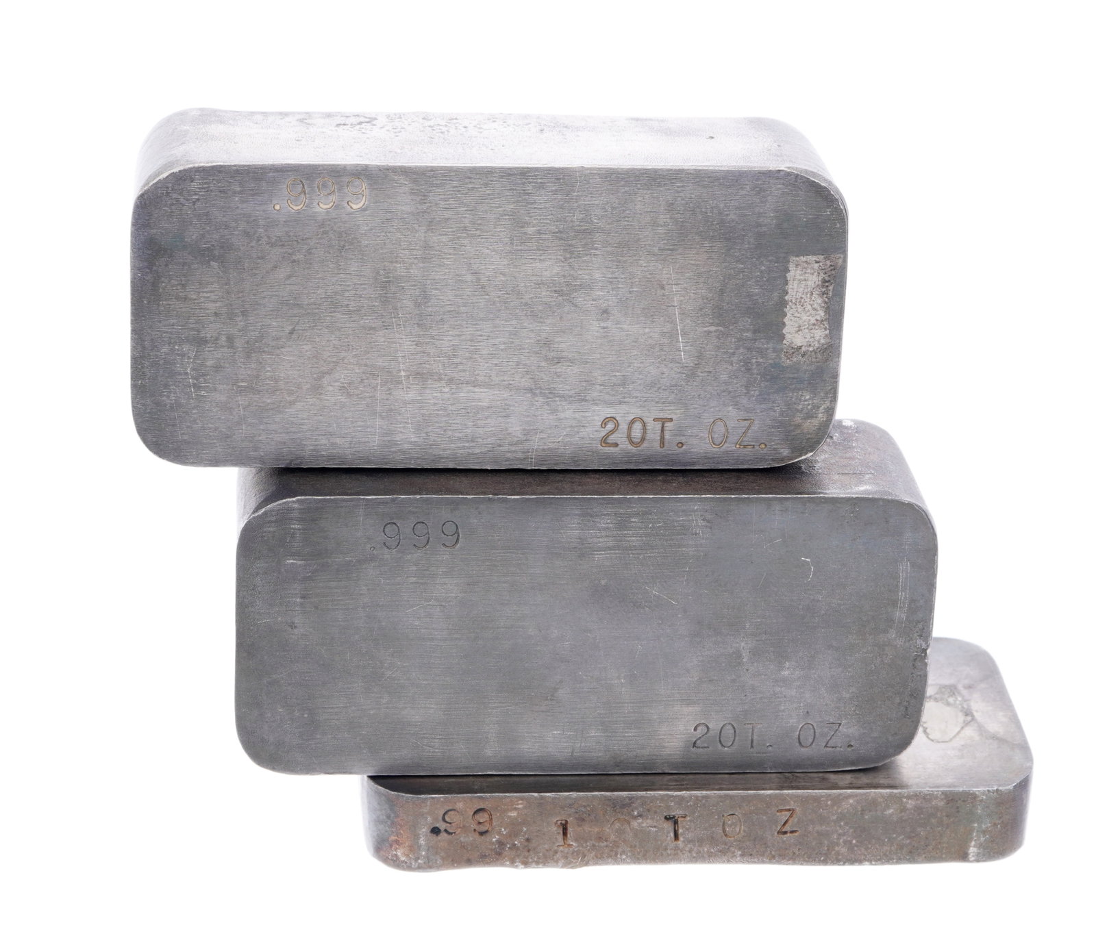 Three .999 Poured Silver Bars 50 Troy Oz. Total: Three .999 silver bullion ingots, each stamped with weight, other stampings illegible. largest bar 3" x 1.25" x .75".