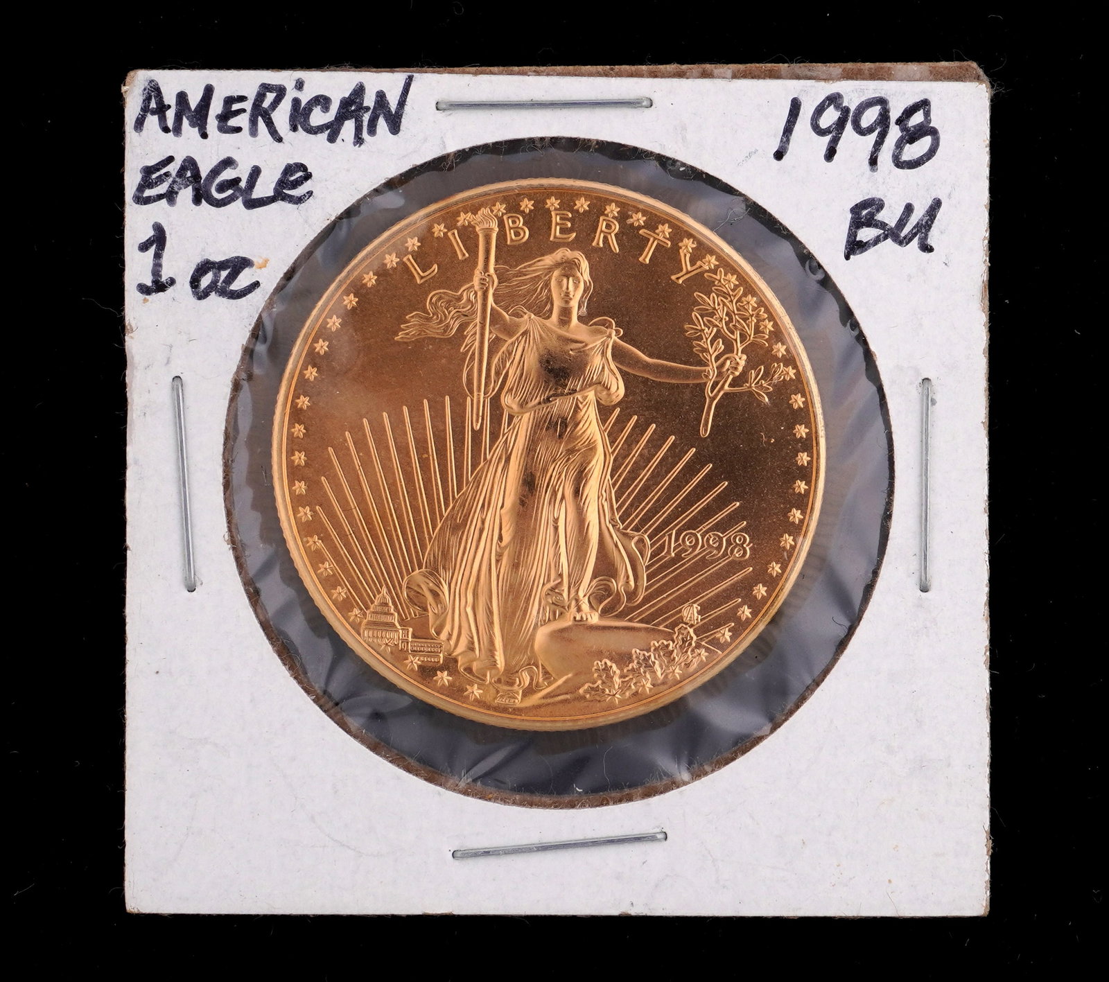 1998 American Eagle $50 Gold Coin BU: 1998 American $50 Gold US coin, 1oz., graded BU. Grade based on knowledgeable collectors grade written on sleeve, not guaranteed to be correct when professionally graded.