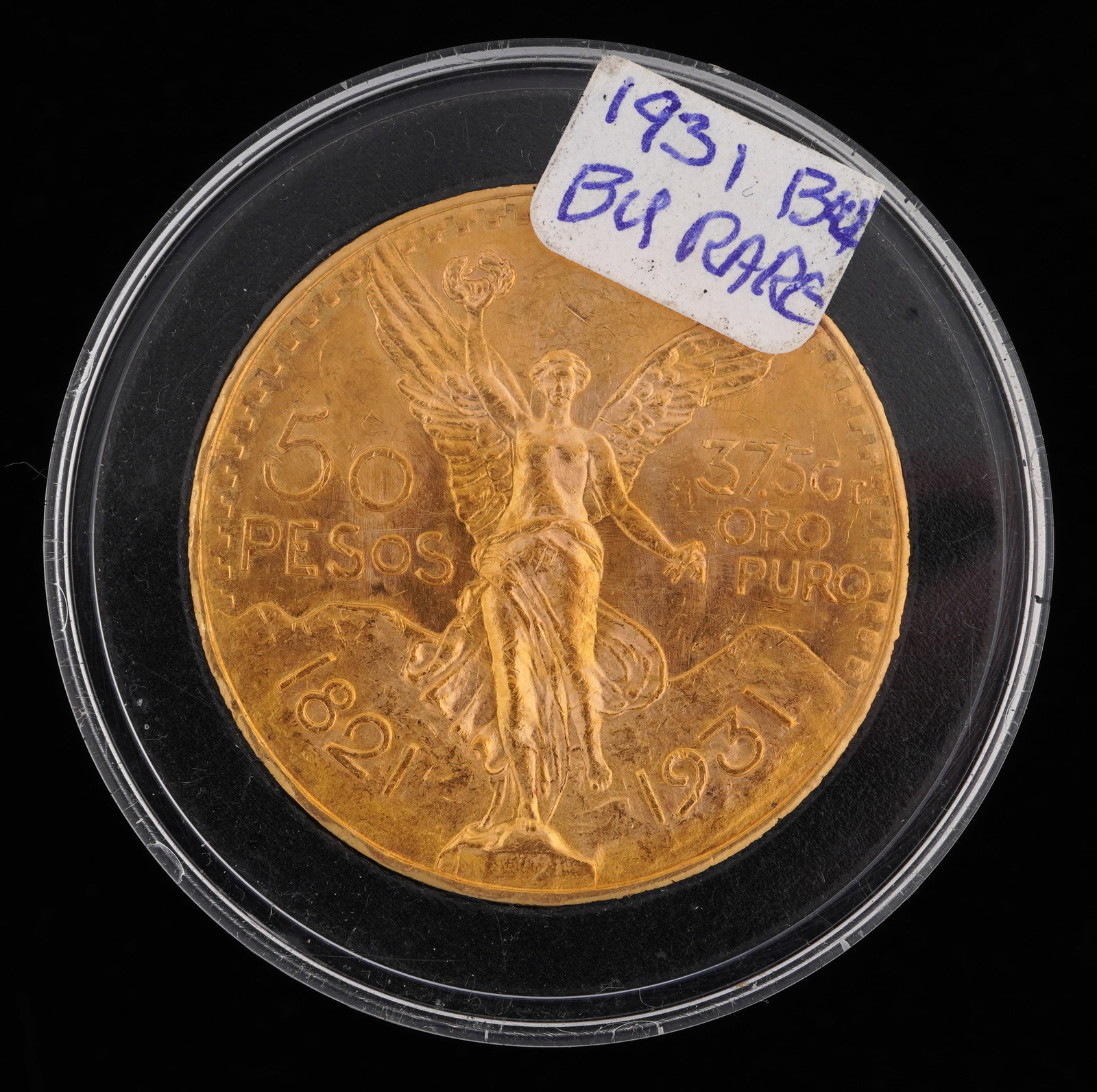 1931 Mexican 50 Peso Gold Coin BU: 1931 Mexican 50 Peso gold coin graded BU. Grade based on knowledgeable collectors grade written on sleeve, not guaranteed to be correct when professionally graded.