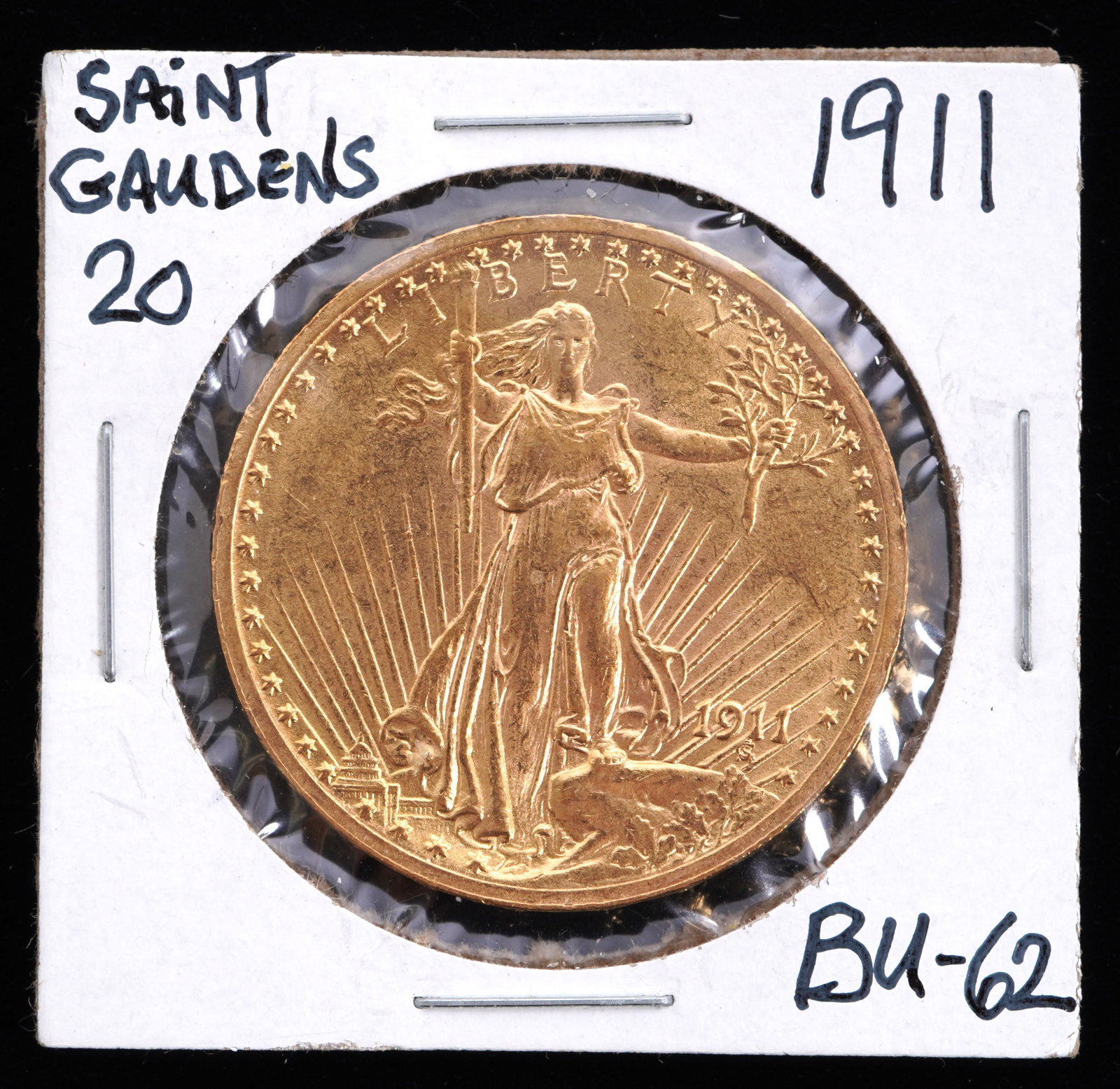1911 St. Gaudens $20 Gold US Coin BU-62: 1911 St. Gaudens $20 US Double Eagle gold coin graded BU-62. Grade based on knowledgeable collectors grade written on sleeve, not guaranteed to be correct when professionally graded.