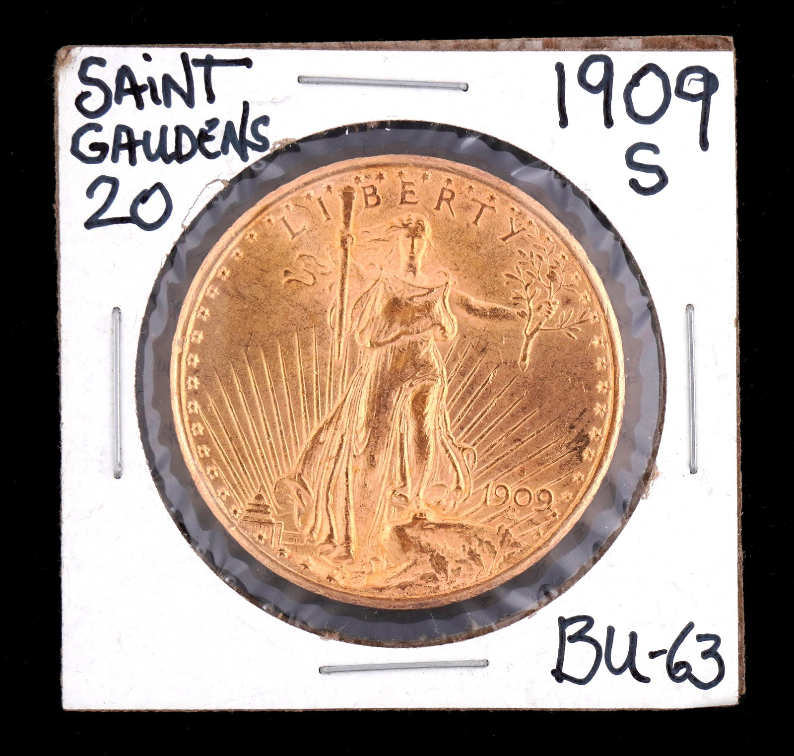 1909-S St. Gaudens $20 Gold US Coin BU-63: 1909-S St. Gaudens $20 US Double Eagle gold coin graded BU-63. Grade based on knowledgeable collectors grade written on sleeve, not guaranteed to be correct when professionally graded.