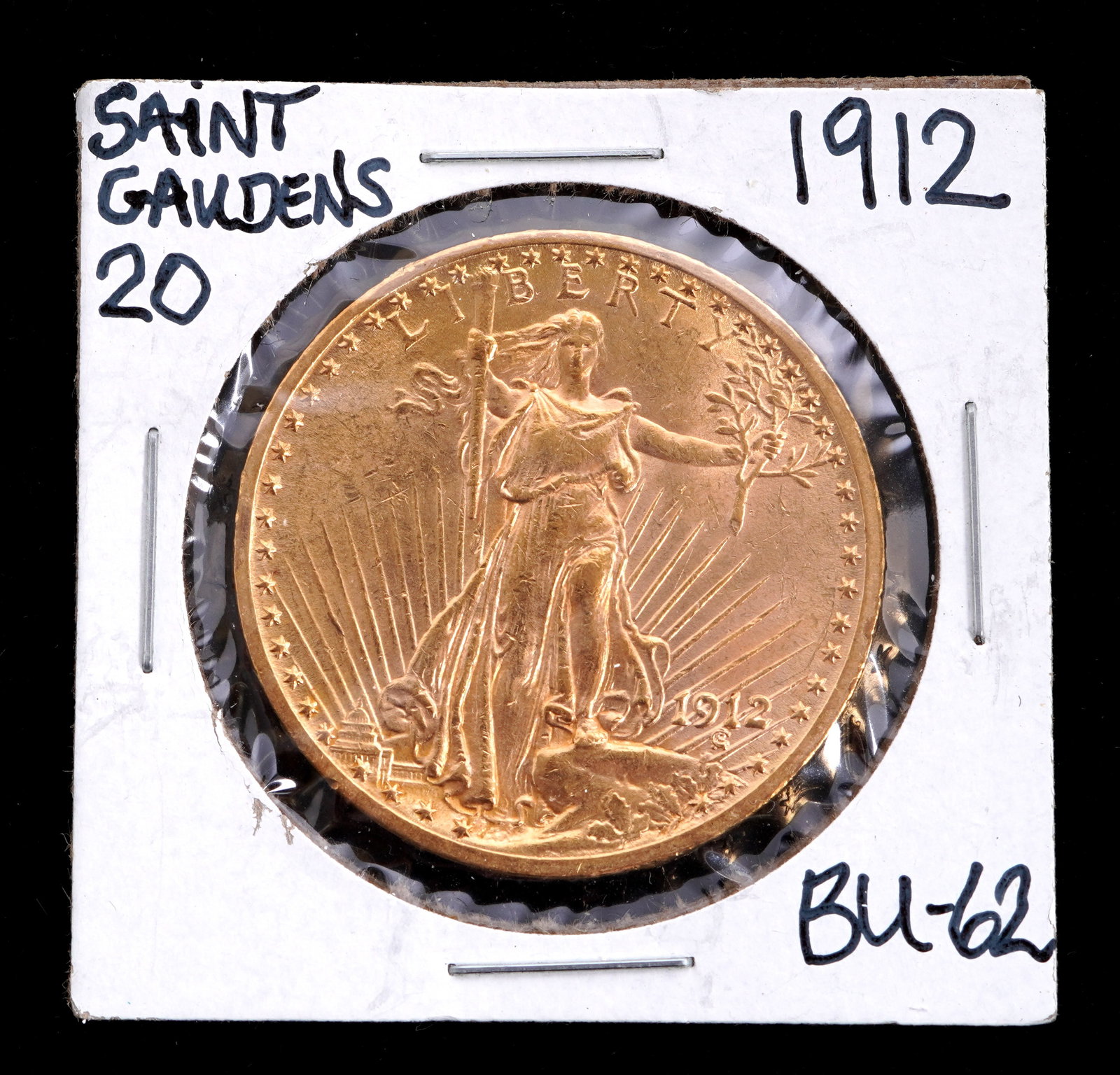 1912 St. Gaudens $20 Gold US Coin BU-62: 1912 St. Gaudens $20 Double Eagle US gold coin graded BU-62. Grade based on knowledgeable collectors grade written on sleeve, not guaranteed to be correct when professionally graded.
