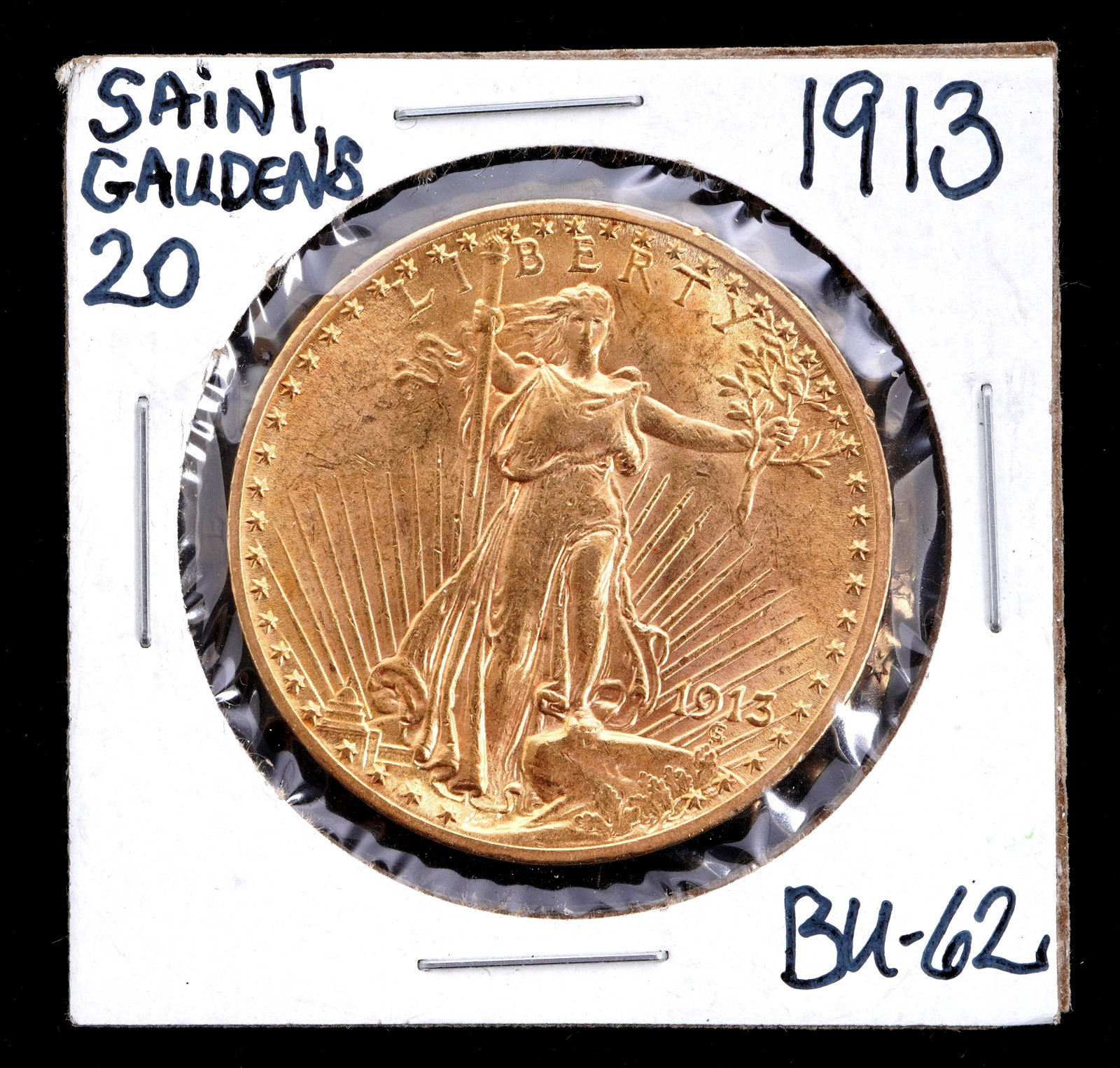 1913 St. Gaudens $20 Gold US Coin BU / MS62: 1911 St. Gaudens $20 US Double Eagle gold coin graded BU / MS62. Grade based on knowledgeable collectors grade written on sleeve, not guaranteed to be correct when professionally graded.