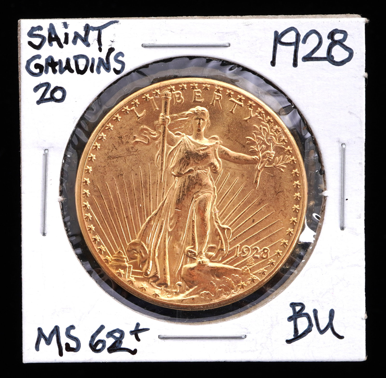 1928 St. Gaudens $20 Gold US Coin BU / MS 63: 1928 St. Gaudens $20 US Double Eagle gold coin graded BU / MS-63. Grade based on knowledgeable collectors grade written on sleeve, not guaranteed to be correct when professionally graded.
