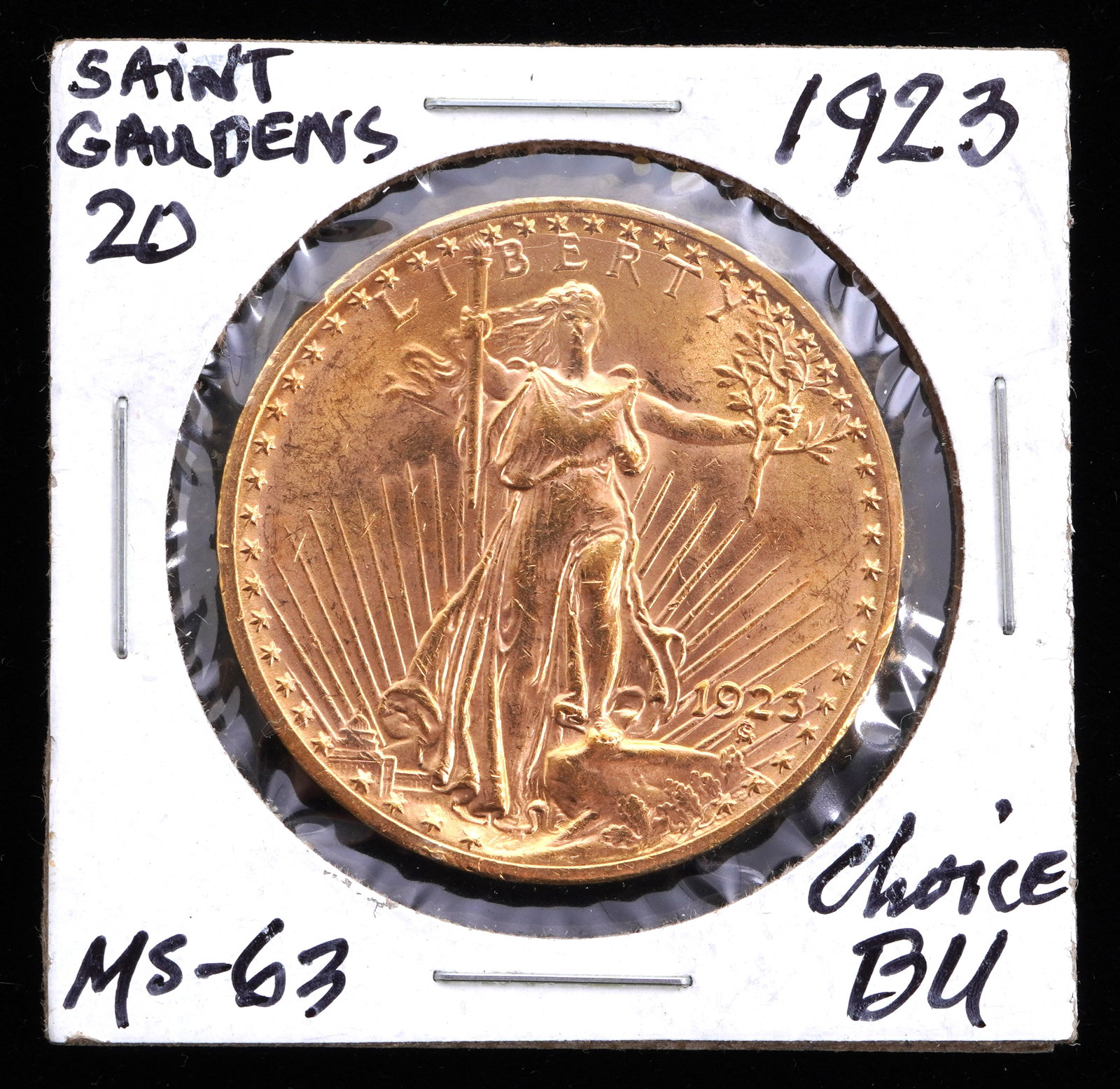 1923 St. Gaudens $20 Gold US Coin BU / MS 63: 1923 St. Gaudens $20 US Double Eagle gold coin graded BU /MS 63. Grade based on knowledgeable collectors grade written on sleeve, not guaranteed to be correct when professionally graded.