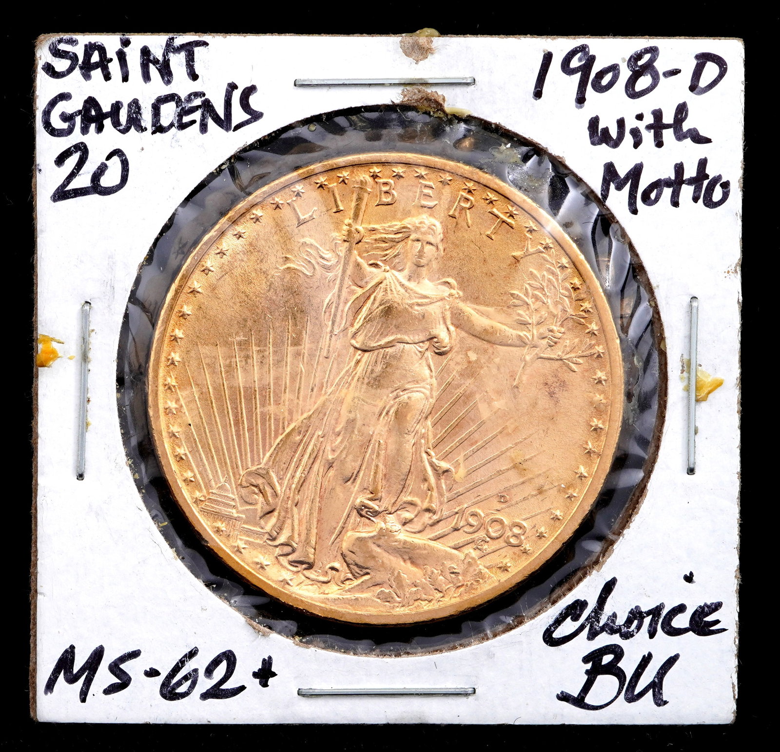 1908-D St. Gaudens $20 Gold US Coin BU / MS 62+: 1908-D St. Gaudens $20 US Double Eagle gold coin with motto graded BU / MS62+. Grade based on knowledgeable collectors grade written on sleeve, not guaranteed to be correct when professionally graded.