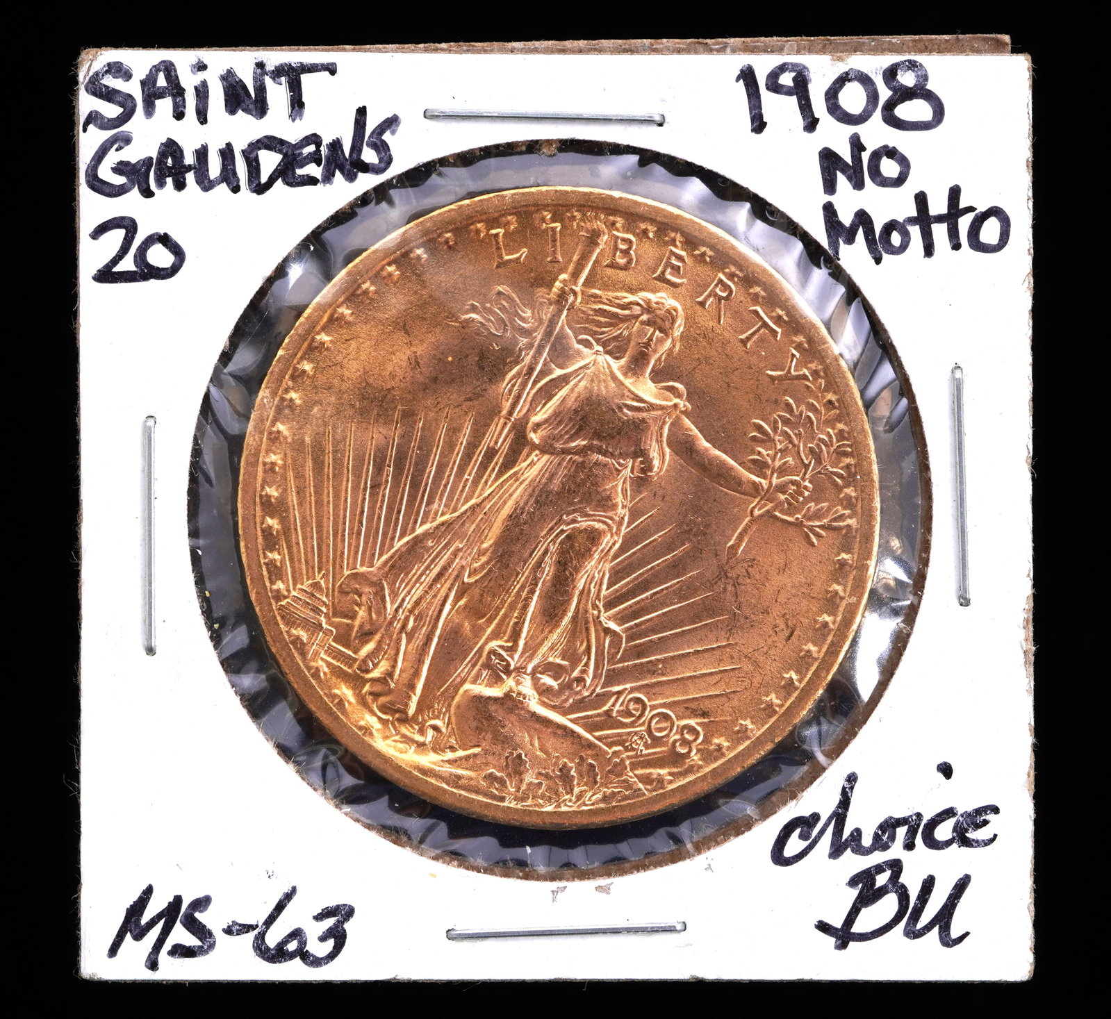 1908 St. Gaudens $20 Gold US Coin Choice: 1908 St. Gaudens $20 US Double Eagle gold coin without motto graded Choice. Grade based on knowledgeable collectors grade written on sleeve, not guaranteed to be correct when professionally graded.