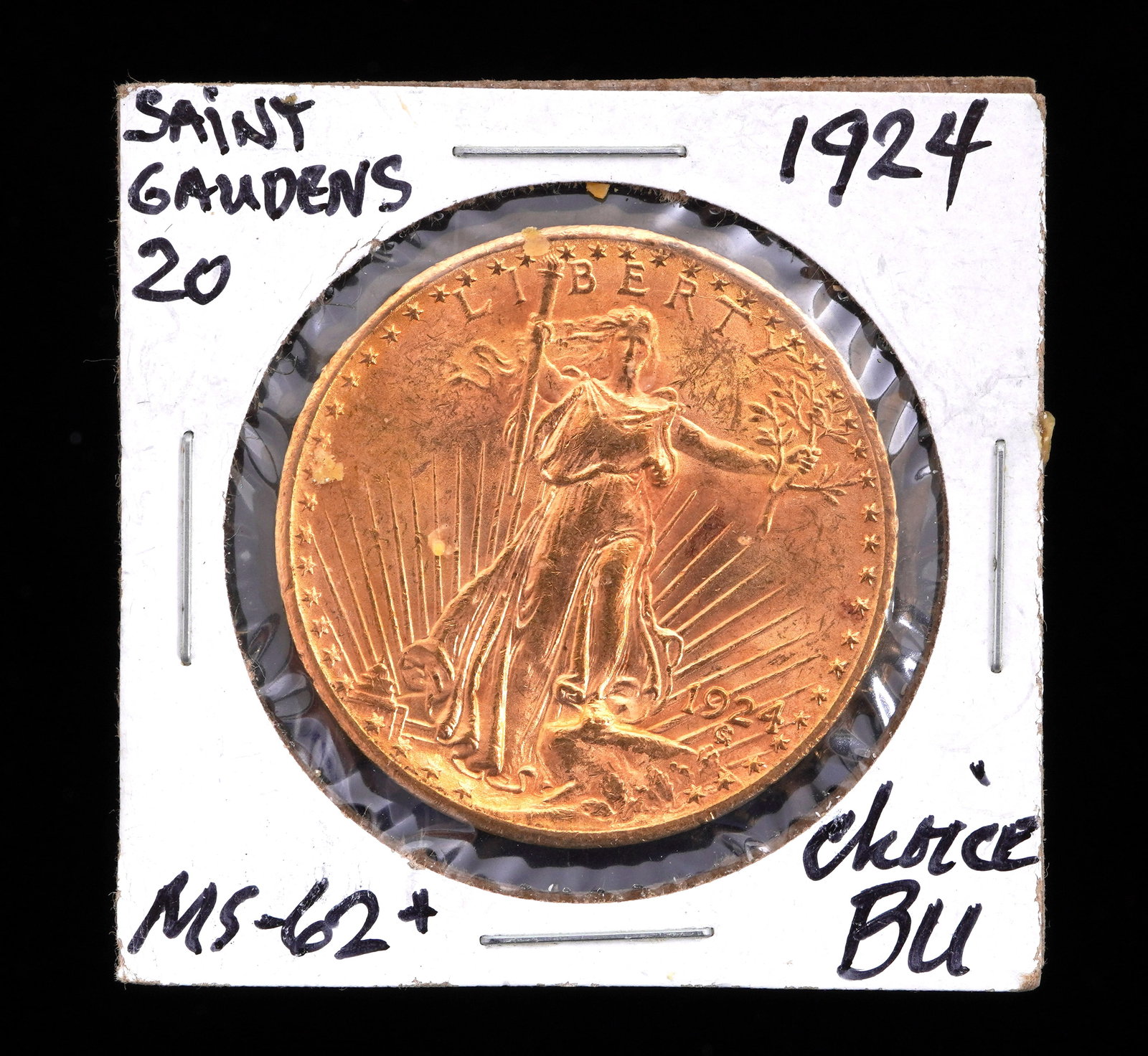 1924 St. Gaudens $20 Gold US Coin Choice: 1924 St. Gaudens $20 US Double Eagle gold coin graded Choice. Grade based on knowledgeable collectors grade written on sleeve, not guaranteed to be correct when professionally graded.