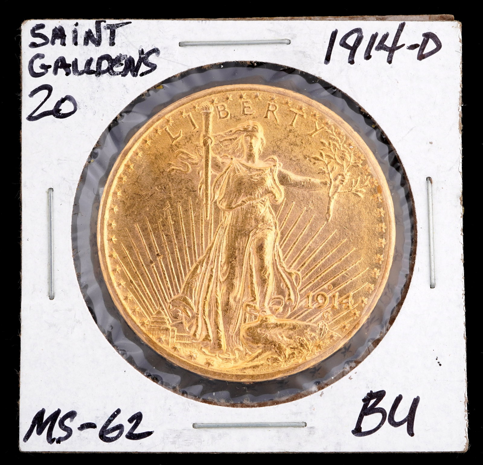 1914-D St. Gaudens $20 Gold US Coin BU / MS 62: 1914-D St. Gaudens $20 US Double Eagle gold coin graded BU / MS62. Grade based on knowledgeable collectors grade written on sleeve, not guaranteed to be correct when professionally graded.