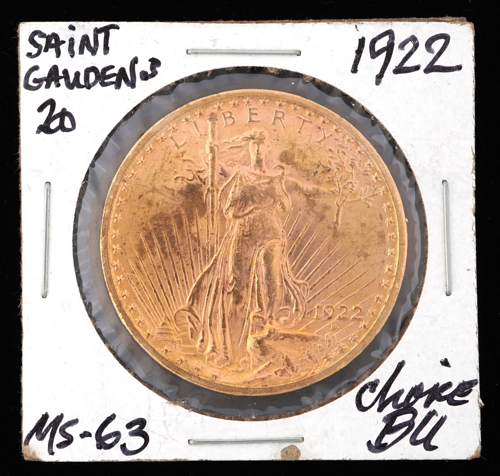 1922 St. Gaudens $20 Gold US Coin BU / MS 63: 1922 St. Gaudens $20 US Double Eagle gold coin graded BU / MS63. Grade based on knowledgeable collectors grade written on sleeve, not guaranteed to be correct when professionally graded.