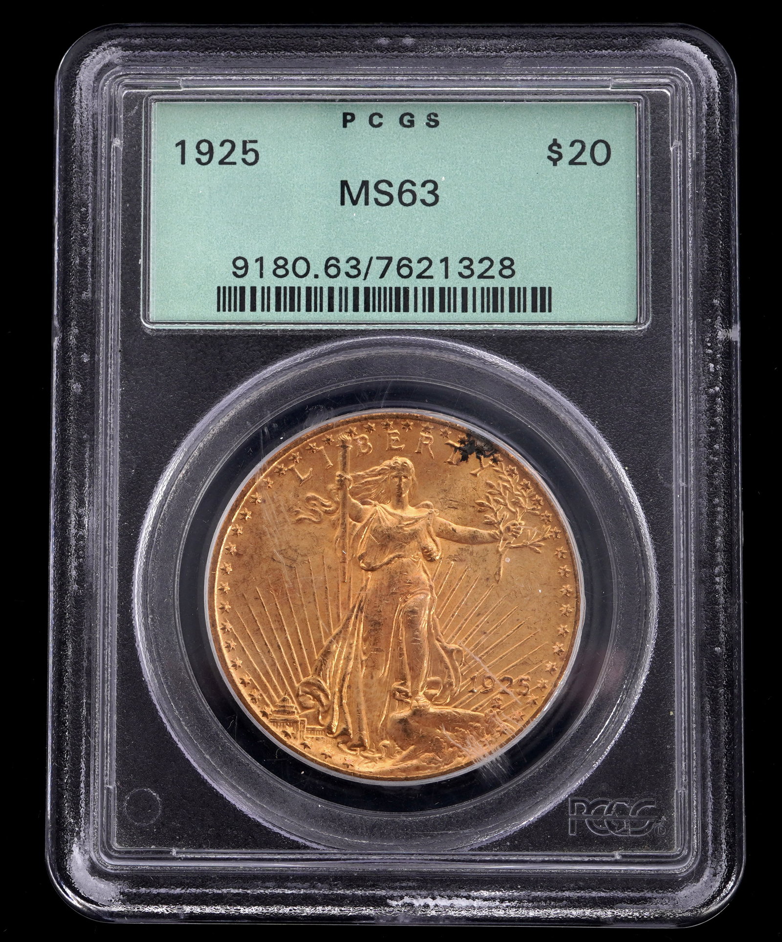 1925 St. Gaudens $20 Gold US Coin PCGS MS 63: 1925 St. Gaudens $20 US Double Eagle gold coin slabbed and graded MS63 by PCGS.