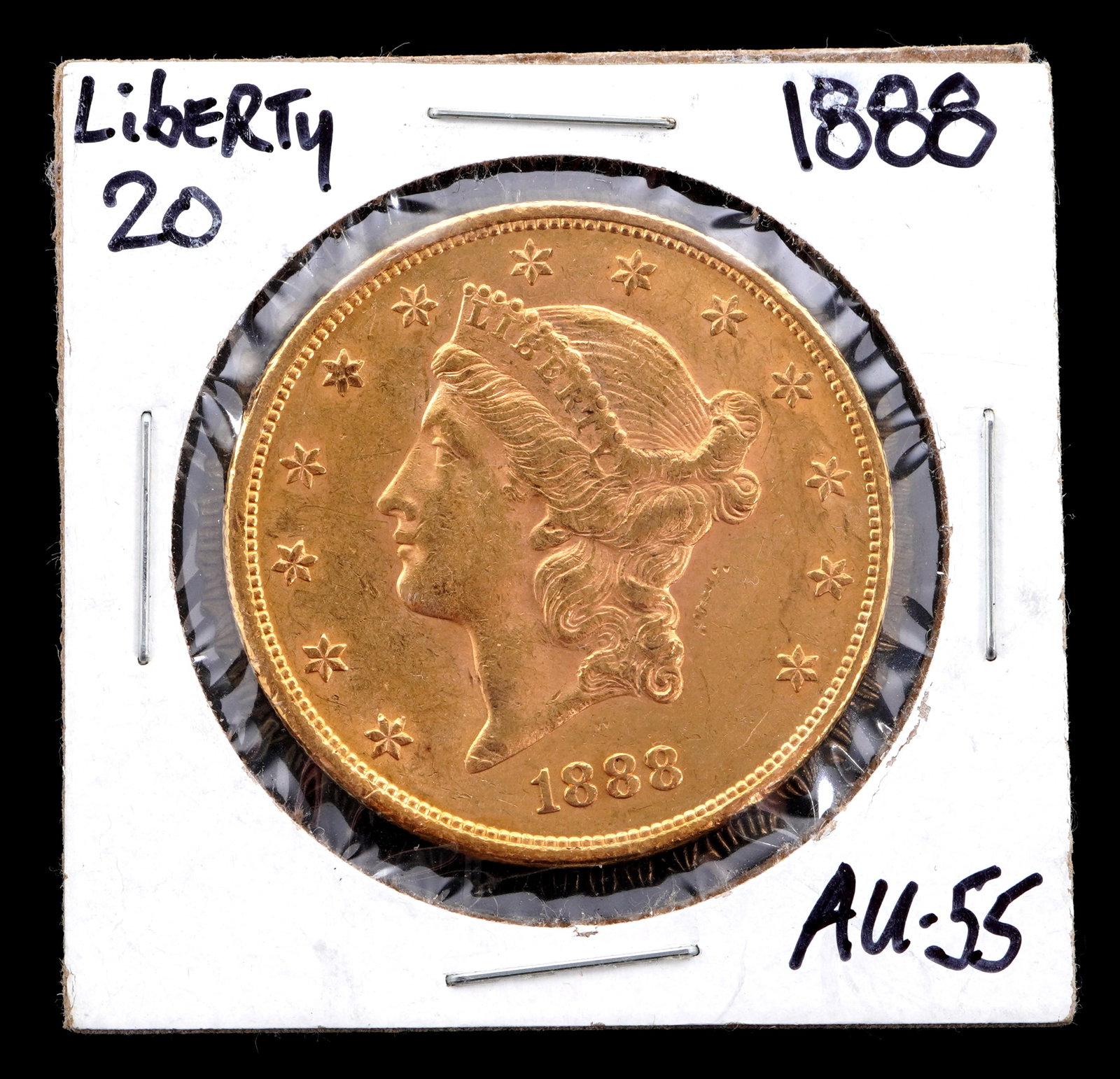 1888 Liberty $20 Gold US Coin AU 55: 1888 Liberty $20 Gold US coin, graded AU555. Grade based on knowledgeable collectors grade written on sleeve, not guaranteed to be correct when professionally graded.