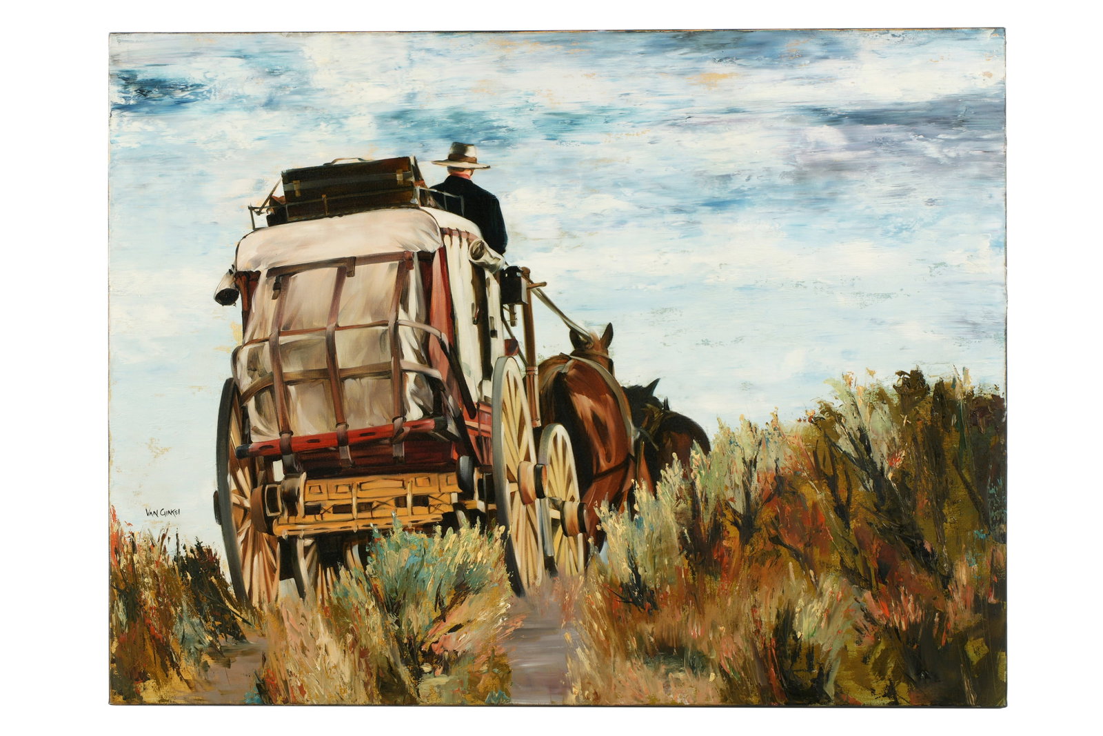 Paul Van Ginkel Into The Wind Stagecoach Painting: VAN GINKEL, Paul, (American, b. 1960): "Into the Wind", Stagecoach on the prairie landscape, Oil on Canvas, signed lower left, signed, titled, and dated 2001 verso on stretcher, 30" x 40", unframed.
