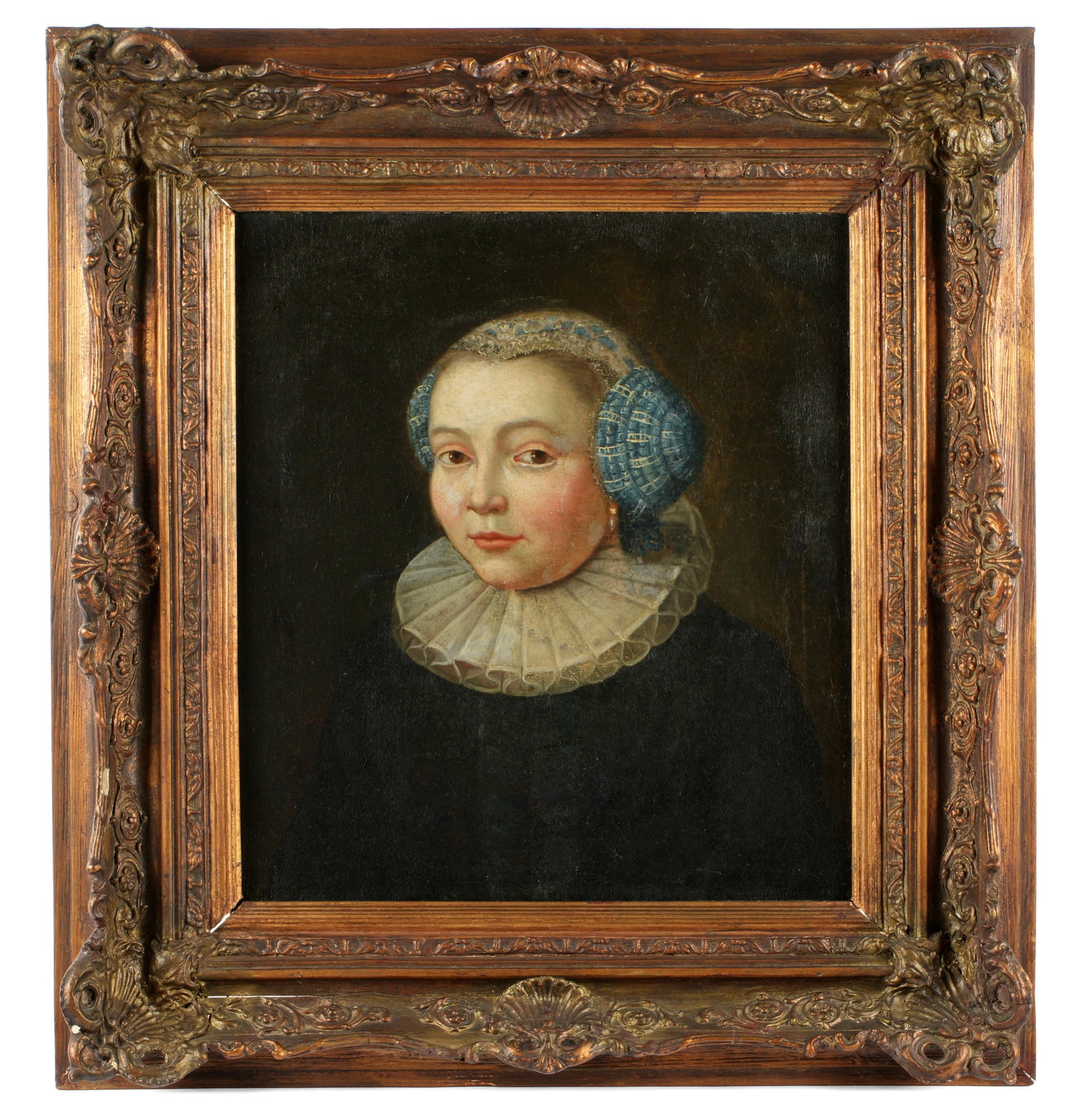 17th /18th Century Dutch School Portrait of a Woman: 17th / 18th Century Dutch School, portrait of a seated women with ruffled collar and ornate head pieces, Oil on Canvas, possibly illegibly signed lower right, 20.5" x 18", framed 30" x 28". Condition: