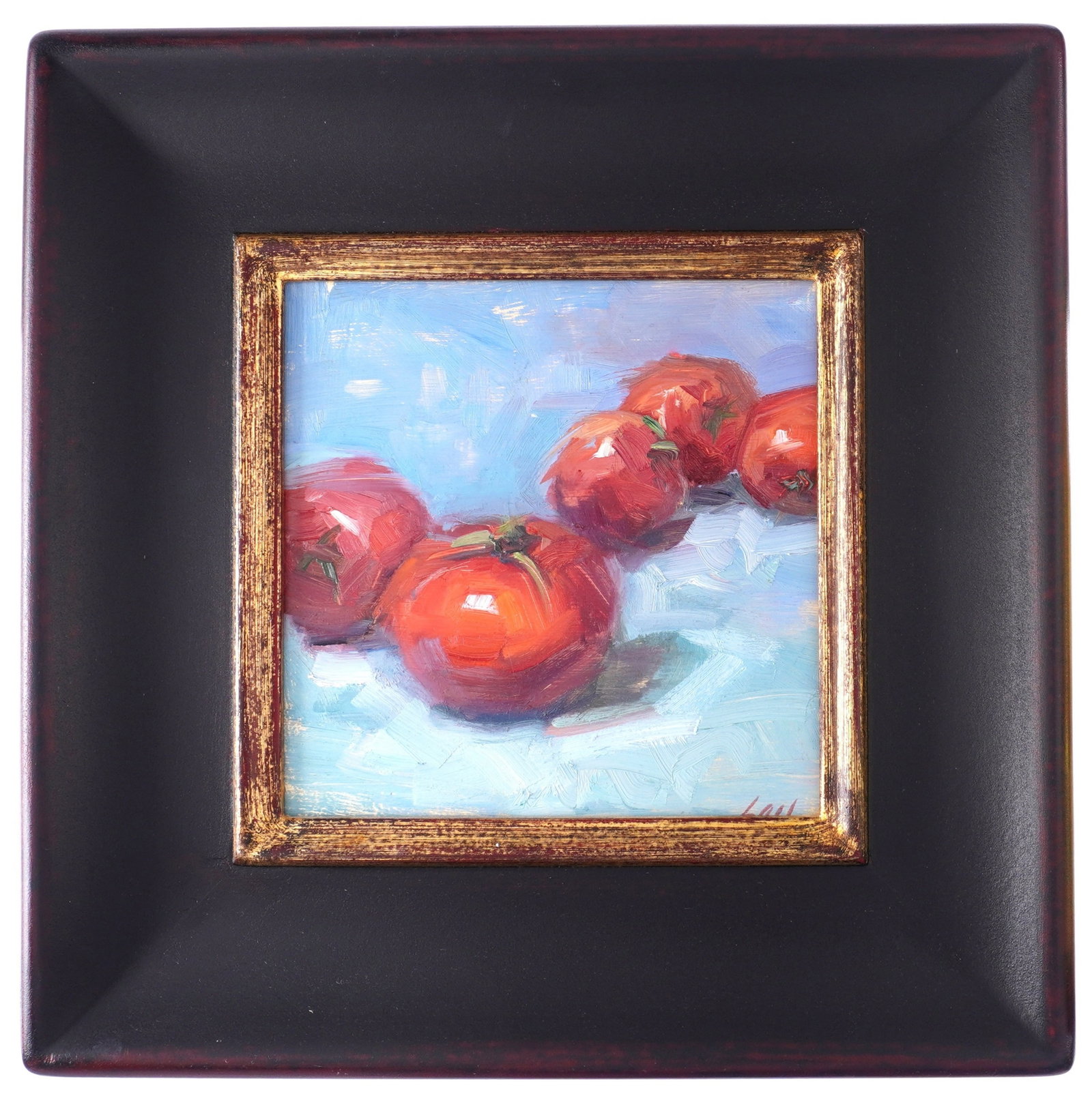 Lael Weyenberg Big Tom Still Life of Tomatoes: WEYENBERG, Lael, (American, b. 1951): "Big Tom", still life of tomatoes, Oil on Masonite, monogrammed lower right, signed and title verso, 7" x 7", framed 12.5" x 12.5".