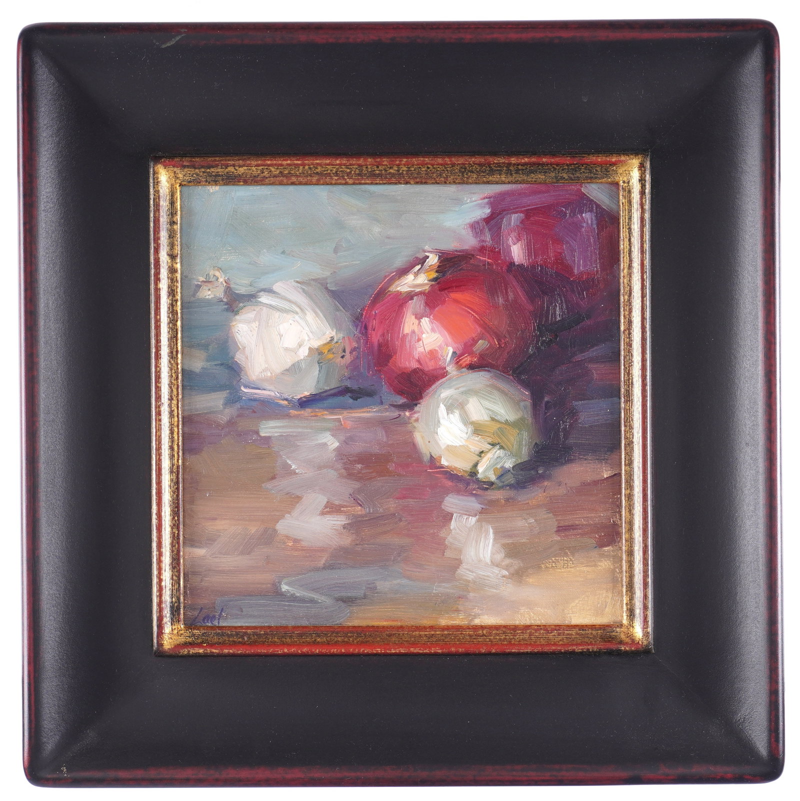 Lael Weyenberg Cipolle Still Life of Onions: WEYENBERG, Lael, (American, b. 1951): "Cipolle", still llife of onions, Oil on Masonite, signed lower left, signed and titled verso, 9" x 9", framed 14.5" x 14.5".