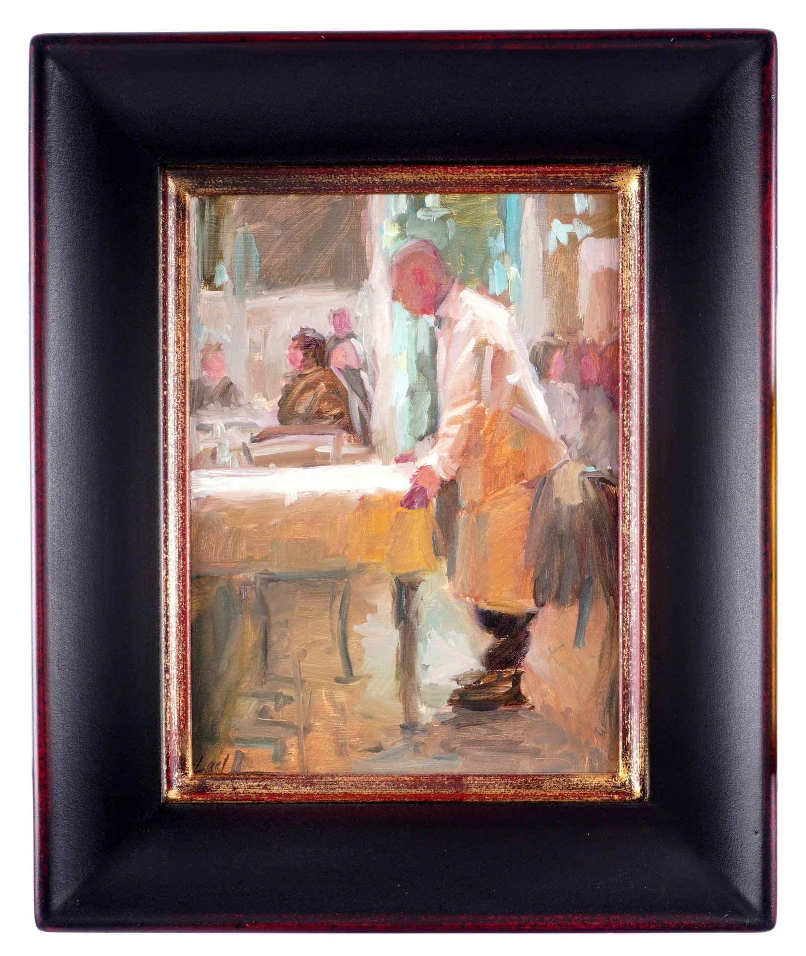 Lael Weyenberg Second Seating Cafe Painting: WEYENBERG, Lael, (American, b. 1951): "Second Seating", portrait of a waiter at a cafe, Oil on Masonite, signed lower left, signed and titled verso, 12" x 9", framed 17.5" x 14.5".