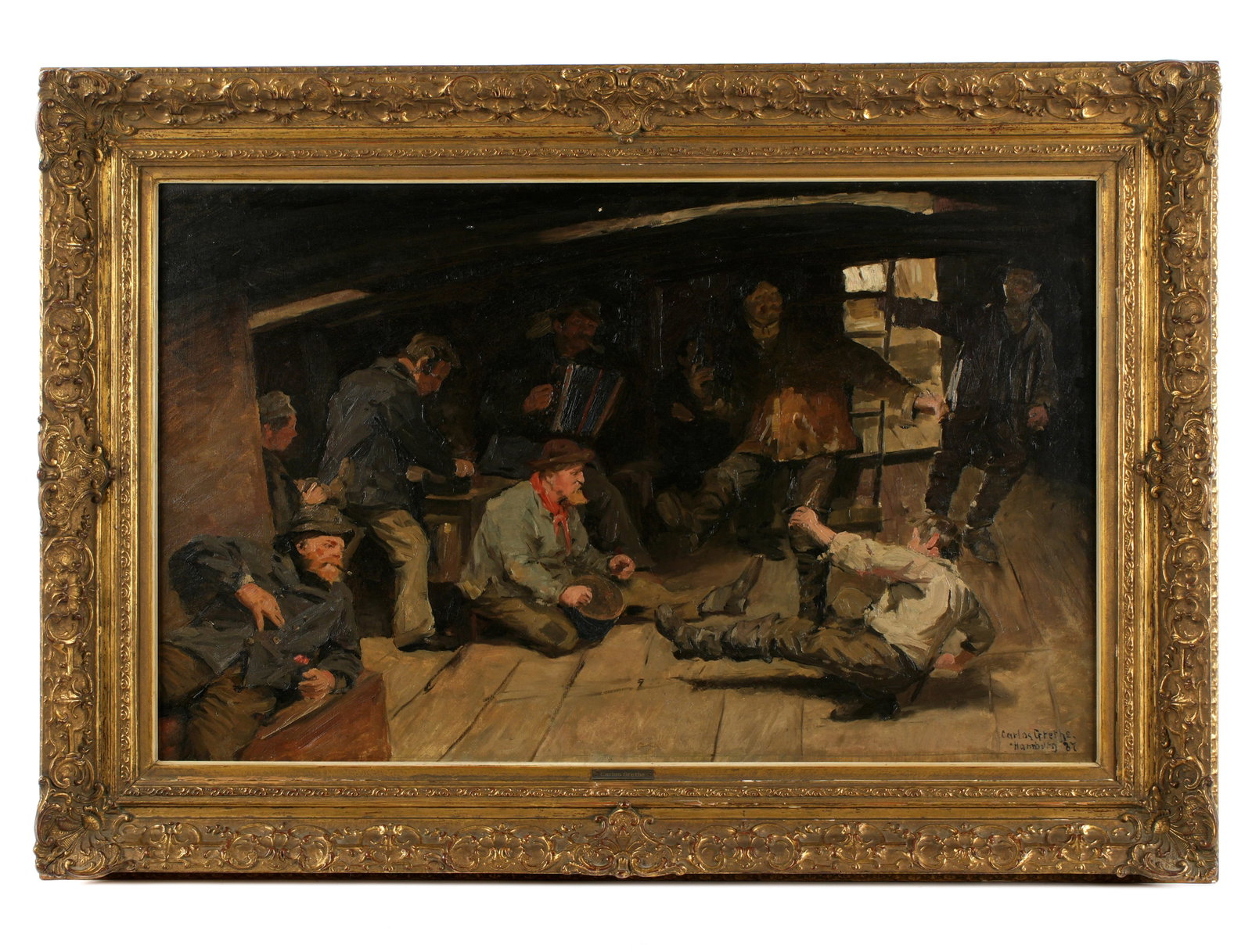 Carlos Grethe Whaling Sailors Interior Painting: GRETHE, Carlos, (Uruguay, 1864-1913): "Lustige Seeleute Auf einem Walfishfanger (Amusing Sailors on a Whaler). Interior genre scene of sailors at rest and play, Oil on Canvas, signed and dated lower r