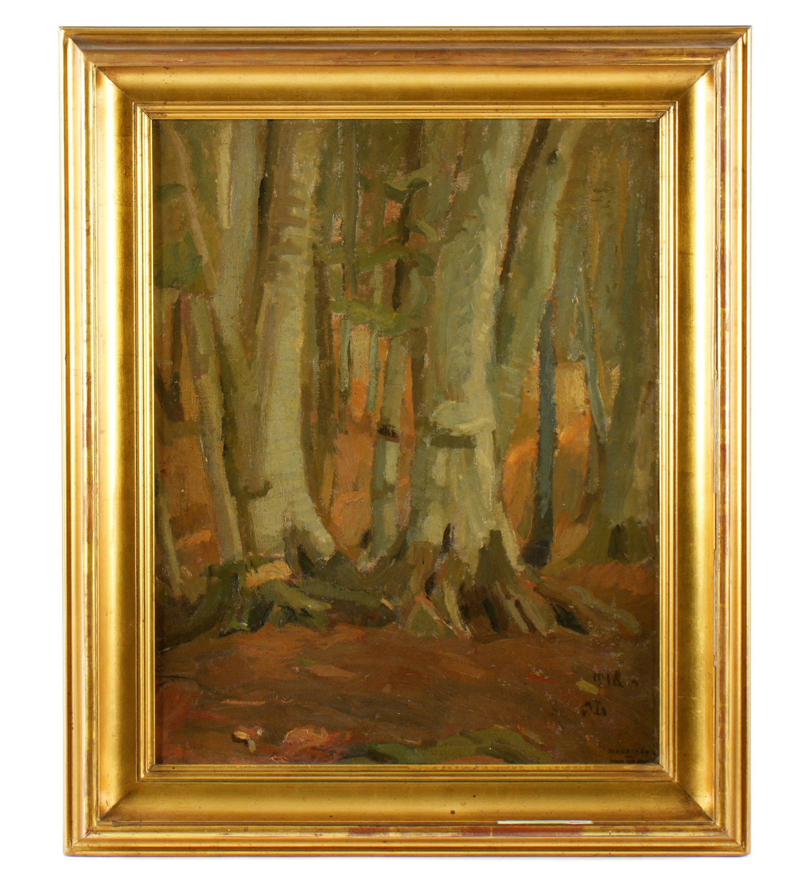Christian Ladenberger Forest Landscape Painting: LADENBERGER, Christian Adam, (German, 1862-1927): Impressionist forest landscape, Oil on Board, monogrammed and stamped signature lower right, 21" x 16.25, framed 26.75" x 22.25". Condition: Scattered
