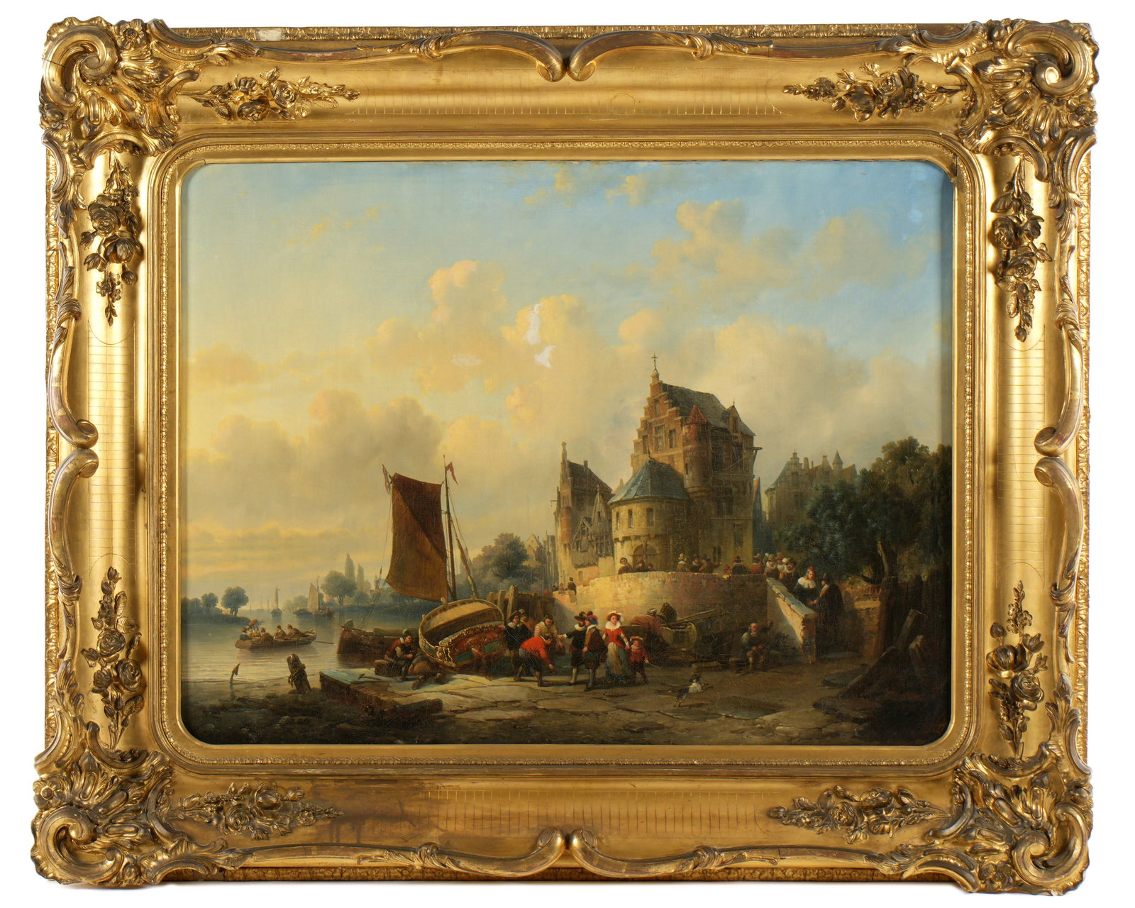 Hendrik Schaep Belgian Coastal Town Painting: SCHAEP, Hendrik Adolf, (Belgian, 1826-1870): Belgian coastal town with figures, boats, and buildings, Oil on Canvas, possibly signed lower right, 24.5" x 32.5", framed 35" x 43". Condition: Craquelure