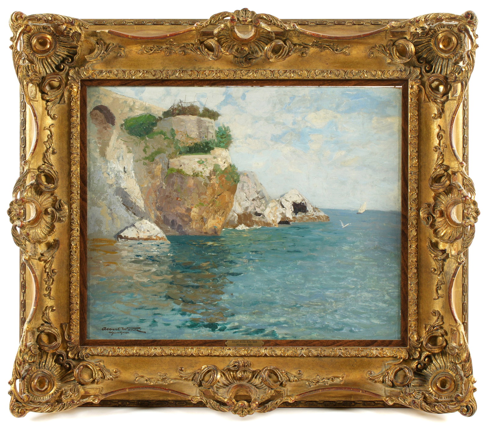 Albert Wenk Mediterranean Rocky Coastline Painting: WENK, Albert, (German, 1863-1934): Rocky coastal Mediterranean landscape, Oil on Board, signed lower left, 16.75" x 20.5", framed 25" x 29". Condition: Minor scattered inpaint.