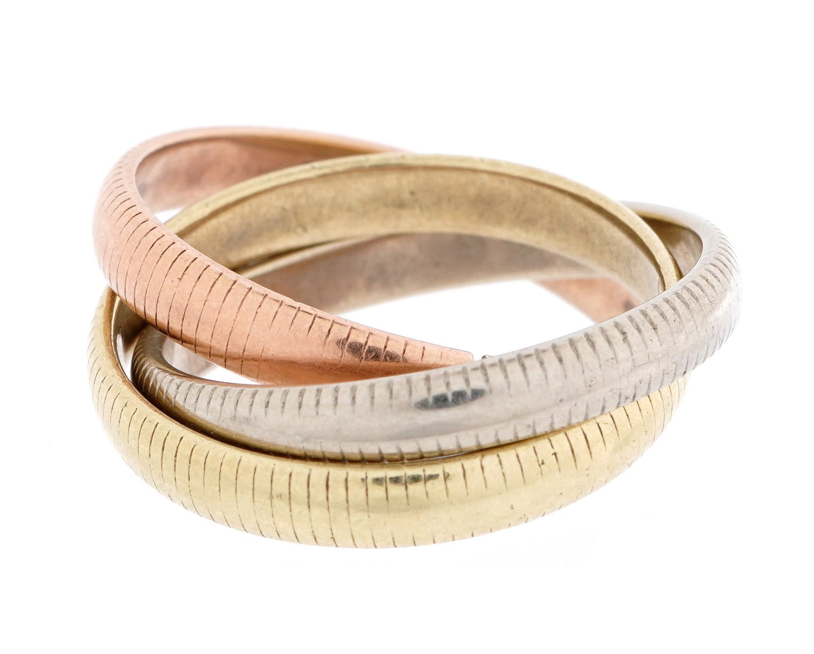 Cartier 18k Tri Color Gold Trinity Ring: Tri color trinity ring stamped Cartier, size 3. Approx. 5 grams. Condition: One band cut
