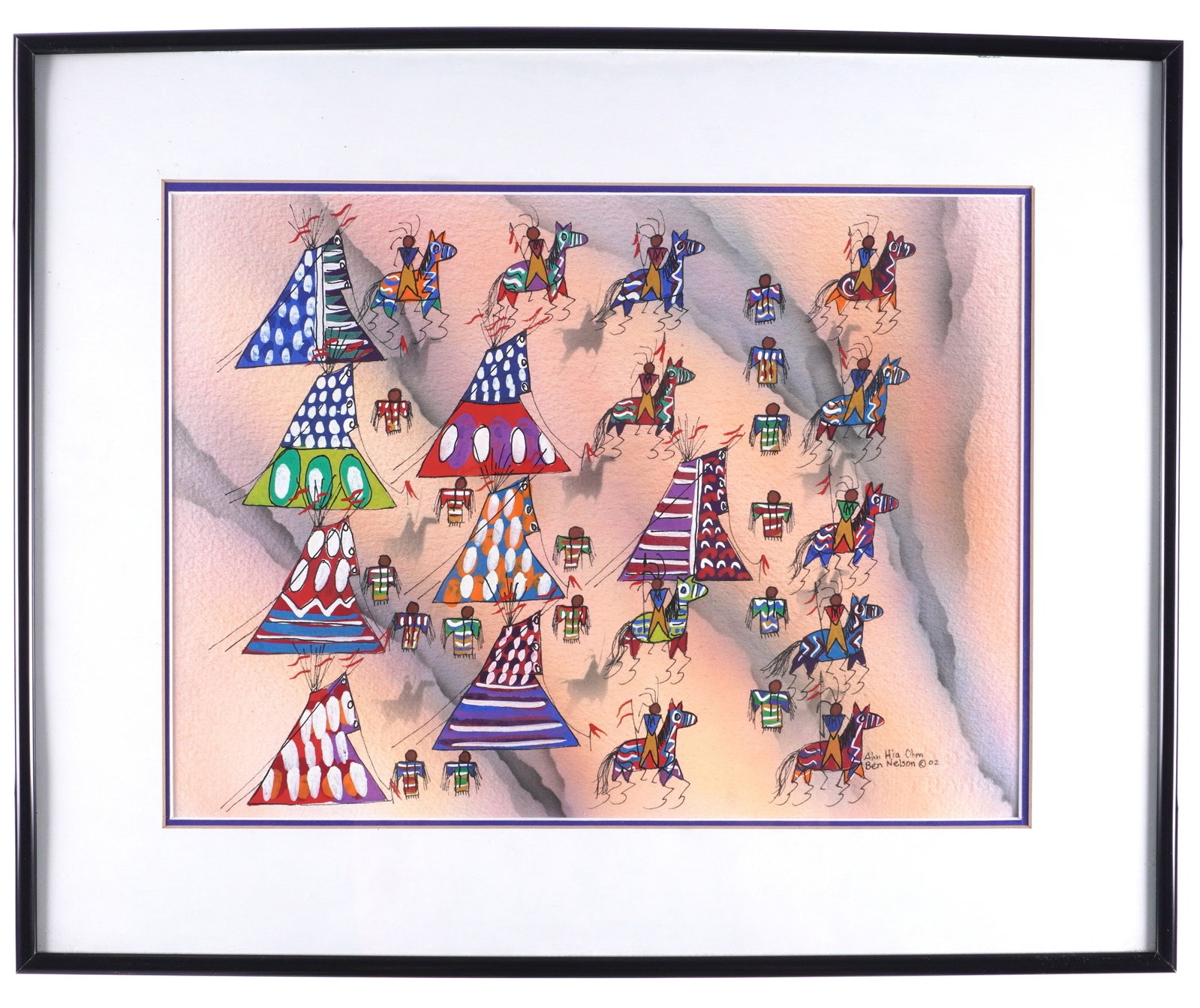 Benjamin Nelson Native American Camp Watercolor: NELSON, Benjamin, aka Ohn-Hia-Ohm, (American, b. 1972): Untitled Native American encampment, Watercolor / Gouache on Paper, signed lower right, sight size 11" x 15", framed 16.5" x 20.5".