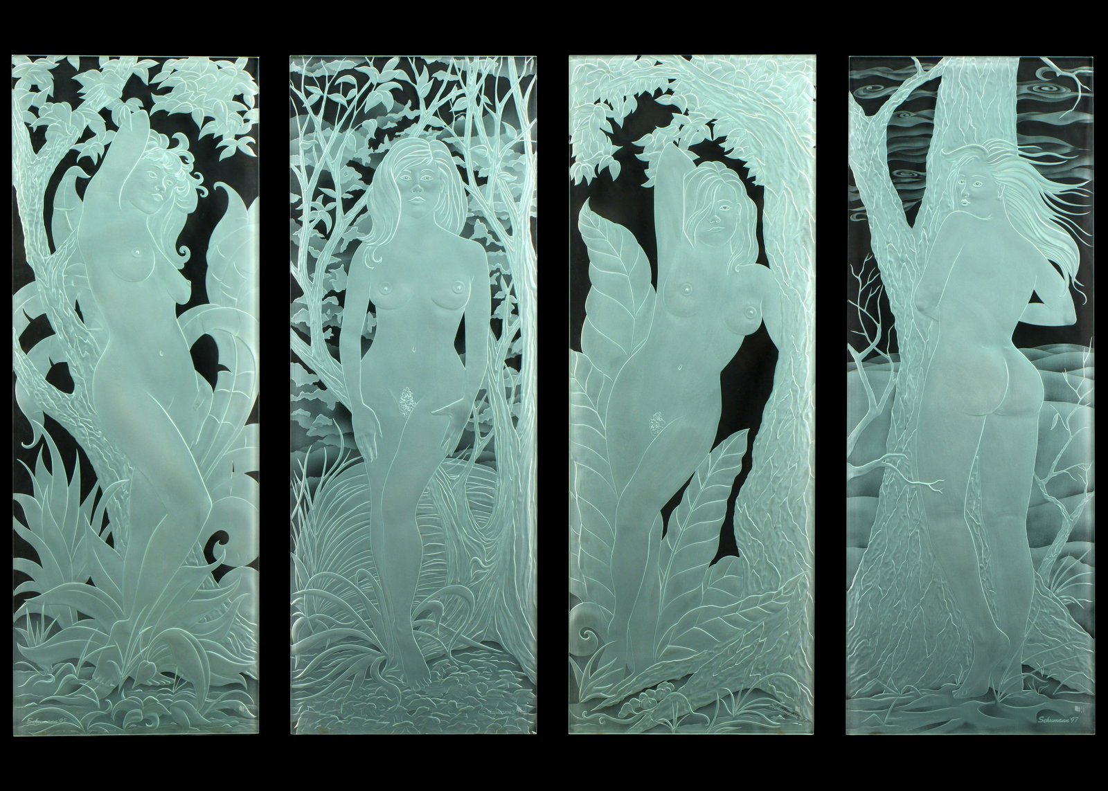 Four Nude Women Etched Glass Panels (1 of 8)