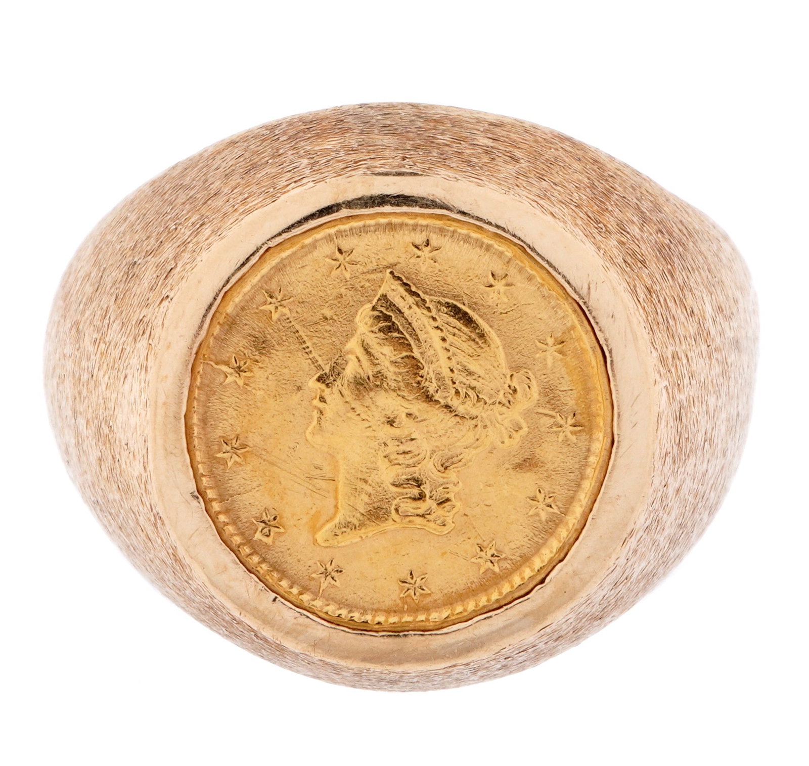 US Liberty $1 Gold Coin Set into 10K Pinky Ring: Circa 1849-1854 Liberty Head US $1 gold coin inset into stamped 10k yellow gold band, size 9. Unable to determine date or mint. Approx. 12 grams total.