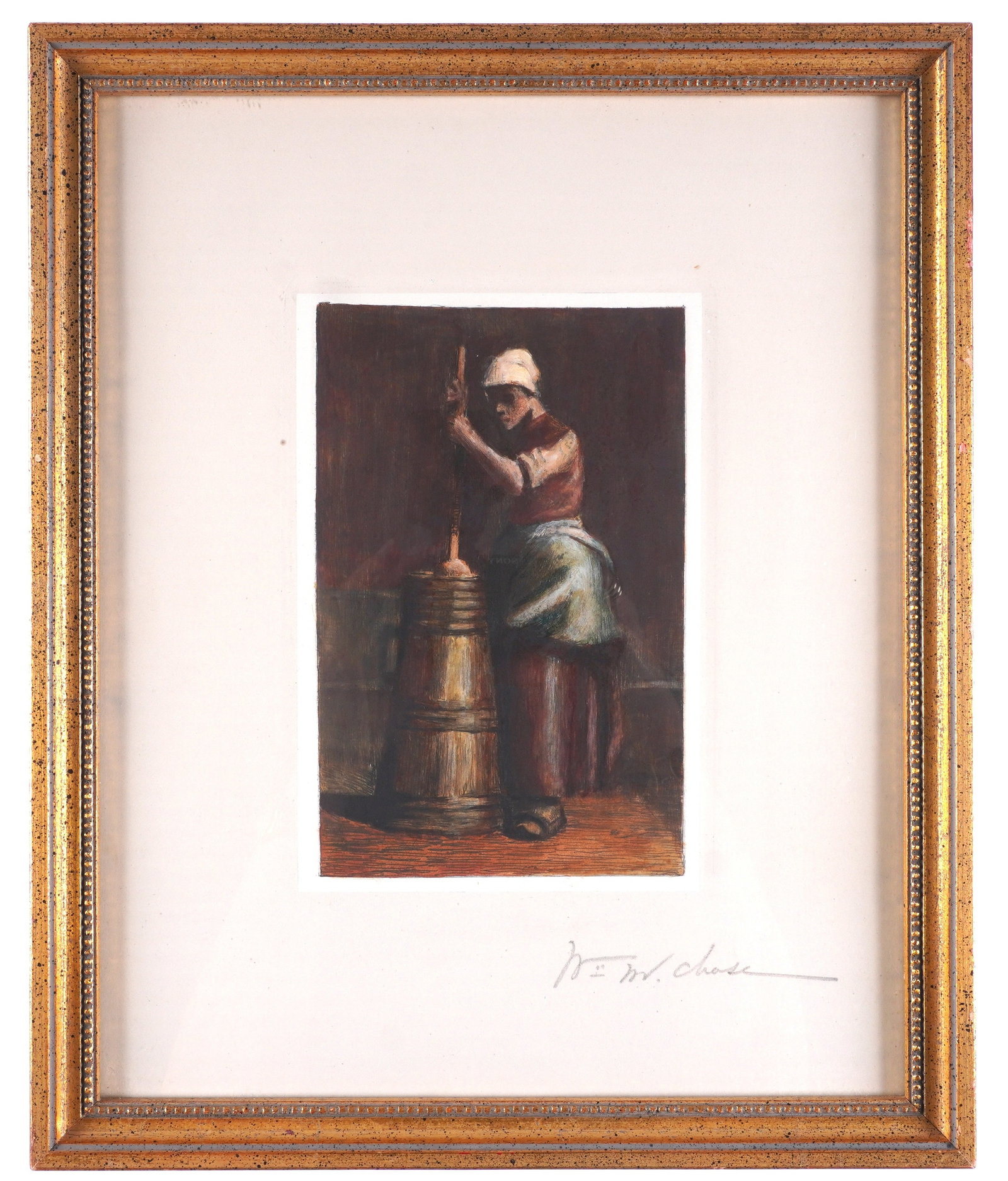 attr William Merritt Chase The Churner Etching: attributed CHASE, William Merritt, (American, 1849-1916): "The Churner", hand tinted Etching on Paper, pencil signed lower right in margin, plate size 7 5/8" x 5 3/8", framed 13 3/4" x 10 1/2". Not ex