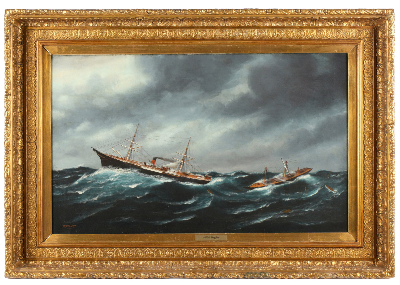Samuel Finley Morse Badger Surviving the Storm: BADGER, Samuel Finley Morse, (American, 1873-1919): "Surviving the Storm", depiction of vessels in rough seas, Oil on Canvas, signed and dated lower left, 22.25" x 36", framed 32" x 46". Condition: