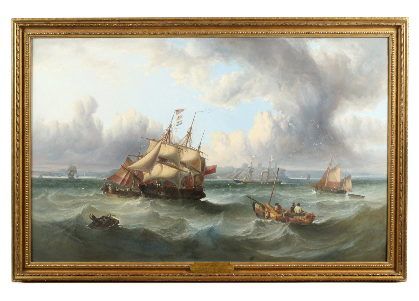John Carmichael "Headed out to Sea" Maritime: CARMICHAEL, John (James) Wilson, (British, 1800-1868): "Heading out to Sea", vessels in choppy seas, Oil on Canvas; signed lower right, 32" x 50.5", framed 36.5" x 54.5". Condition: Craquelure,