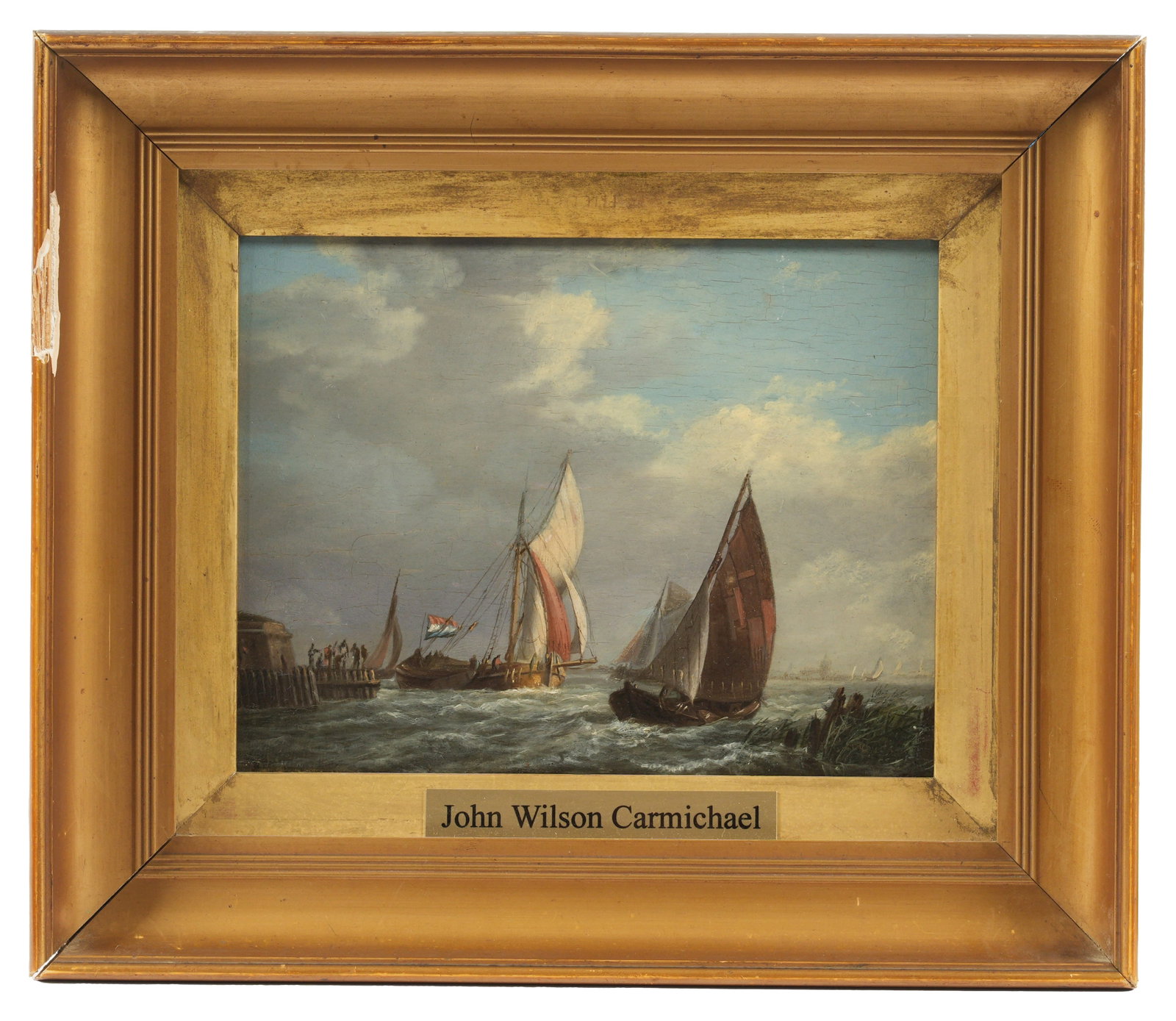 John Carmichael "A Dutch Waterway" Maritime: CARMICHAEL, John (James) Wilson, (British, 1800-1868): "A Dutch Waterway" Vessels headed out to sea, Oil on Panel; possible signature lower right, older Henry Whitley & Sons label affixed verso, 6" x 