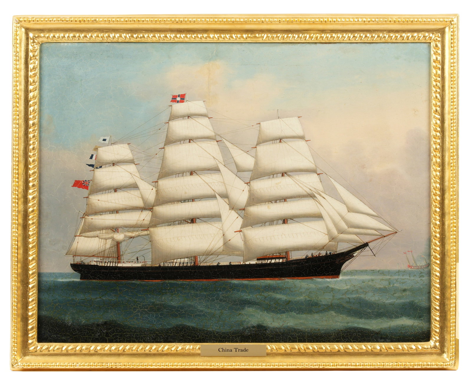 19th Century China Trade "Prince Amaded" Maritime: 19th Century Chinese School depiction of the "Prince Ameded", Oil on Canvas, no visible signature 18" x 23.25", framed 20" x 25.75". Condition: Heavy craquelure, inpaint, relined.