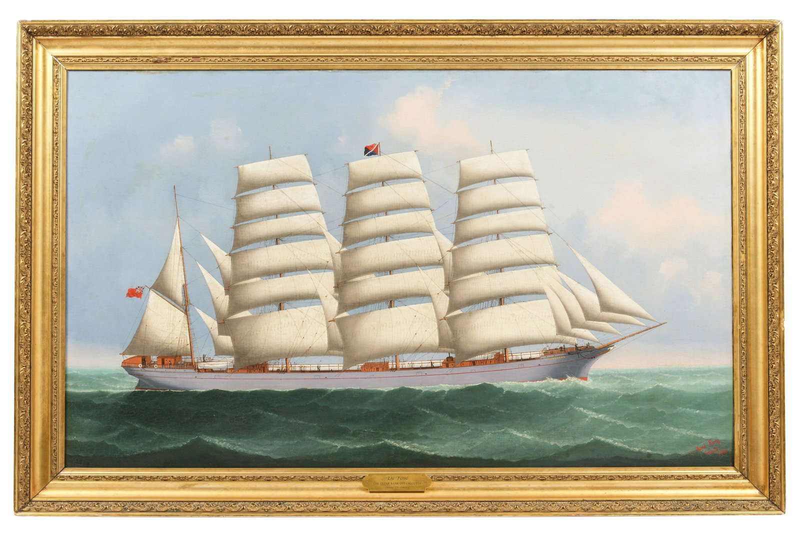 Lai Fong of Calcutta "The Cedar Bank" Maritime: FONG, Lai, (Calcutta, active 1870-1910): "The Cedar Bank" portrait, Oil on Canvas; signed and dated 1890 lower right. 35" x 58.25", framed 42.5" x 66". Condition: Craquelure, inpaint, relined. Sold wi